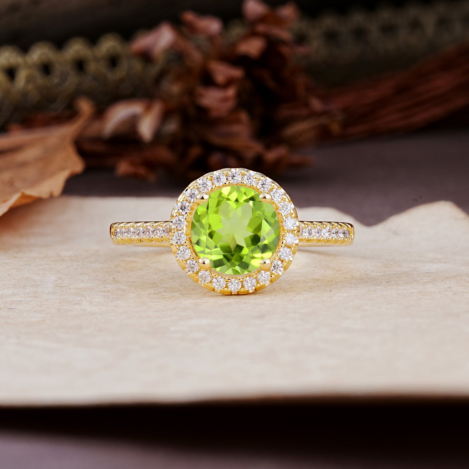Luxurious, Vintage, and Dazzling 4-Prong Round-Cut Peridot Engagement Ring