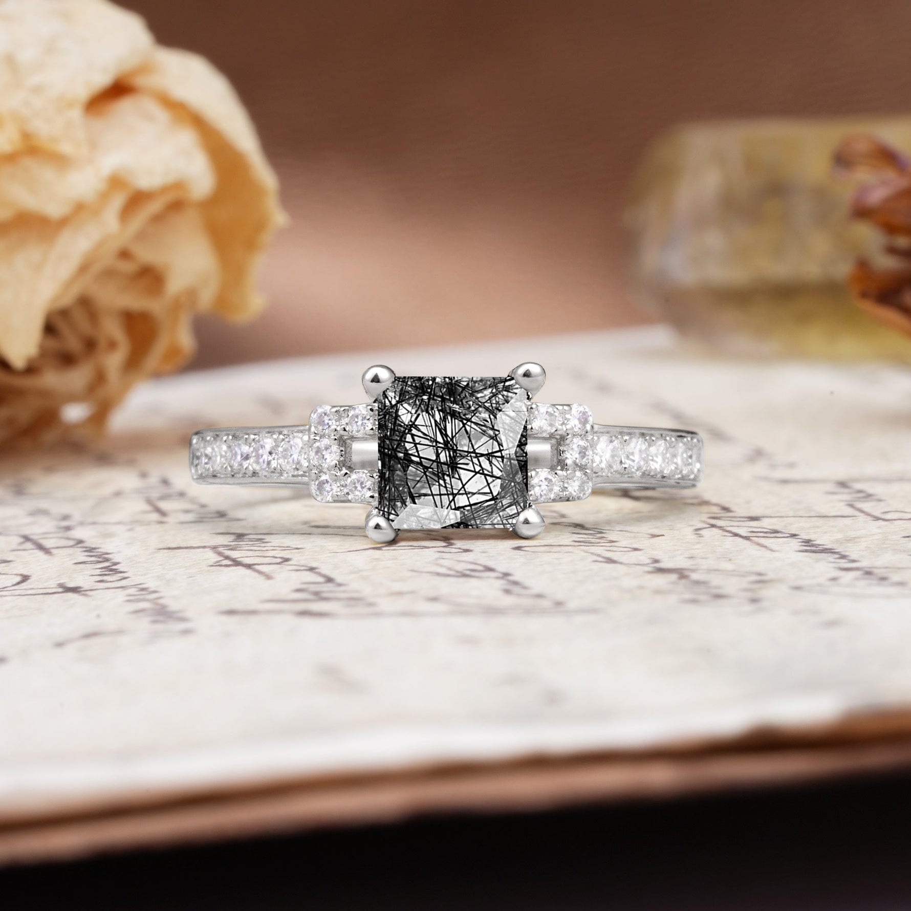Classic Marquise Black Rutilated Quartz Alternating Stacking Wedding Band - Additional view