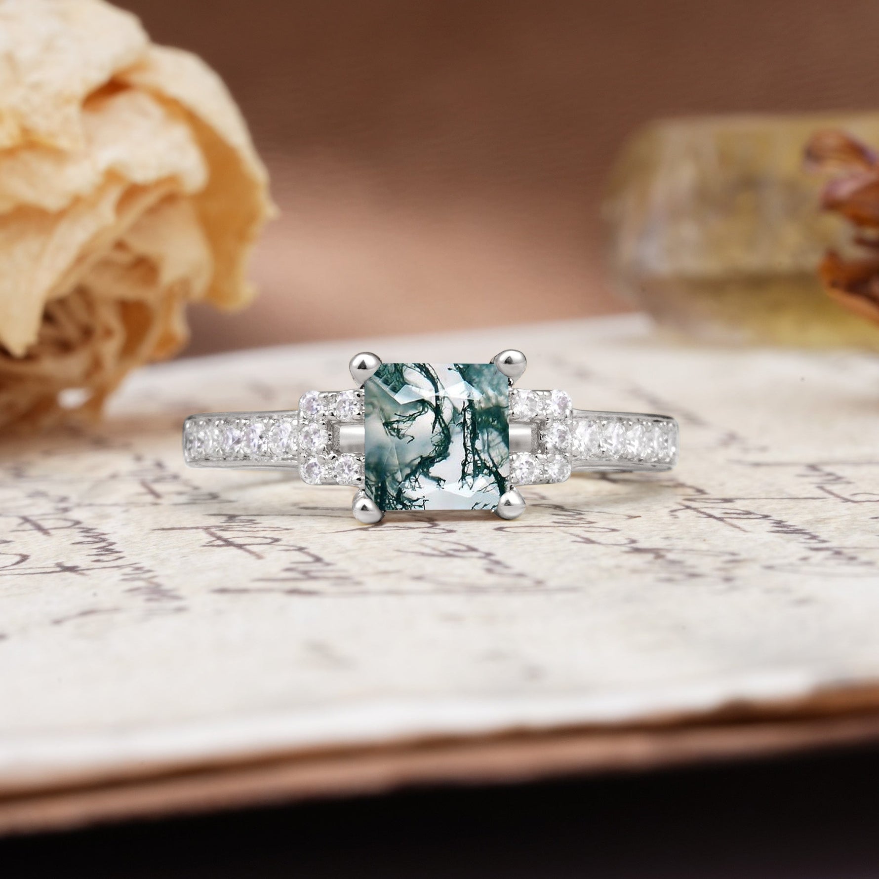 Classic Marquise Moss Agate Alternating Stacking Wedding Band - Additional view