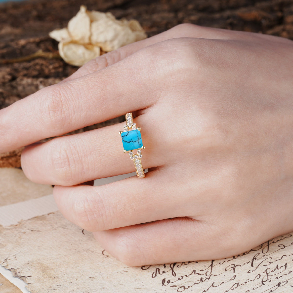 Classic Marquise Turquoise Alternating Stacking Wedding Band - Additional view