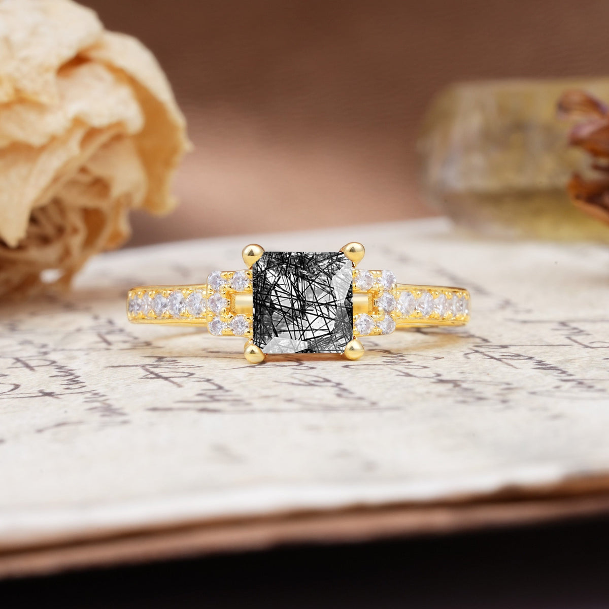 Classic Marquise Black Rutilated Quartz Alternating Stacking Wedding Band - Additional view