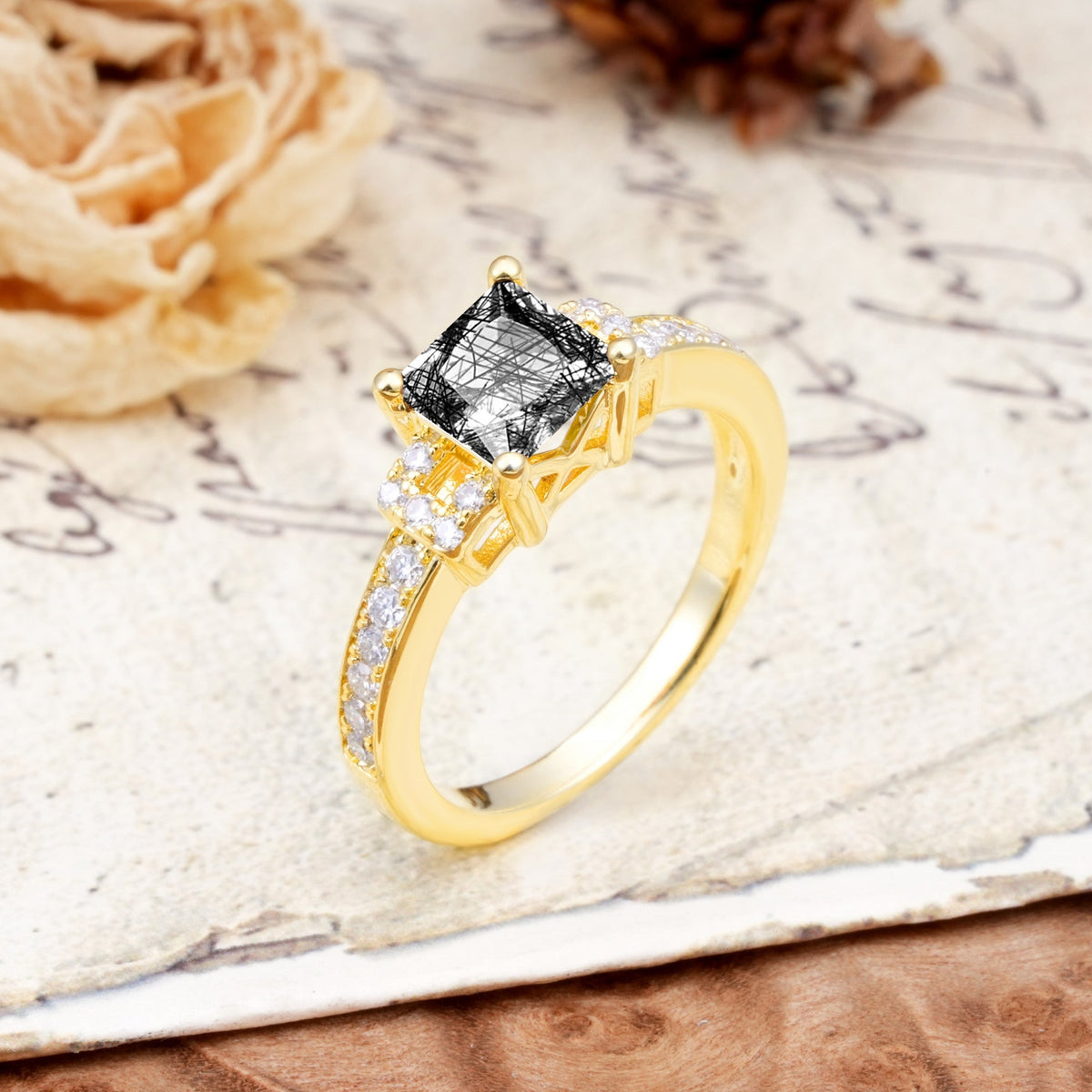 Classic Marquise Black Rutilated Quartz Alternating Stacking Wedding Band - Additional view