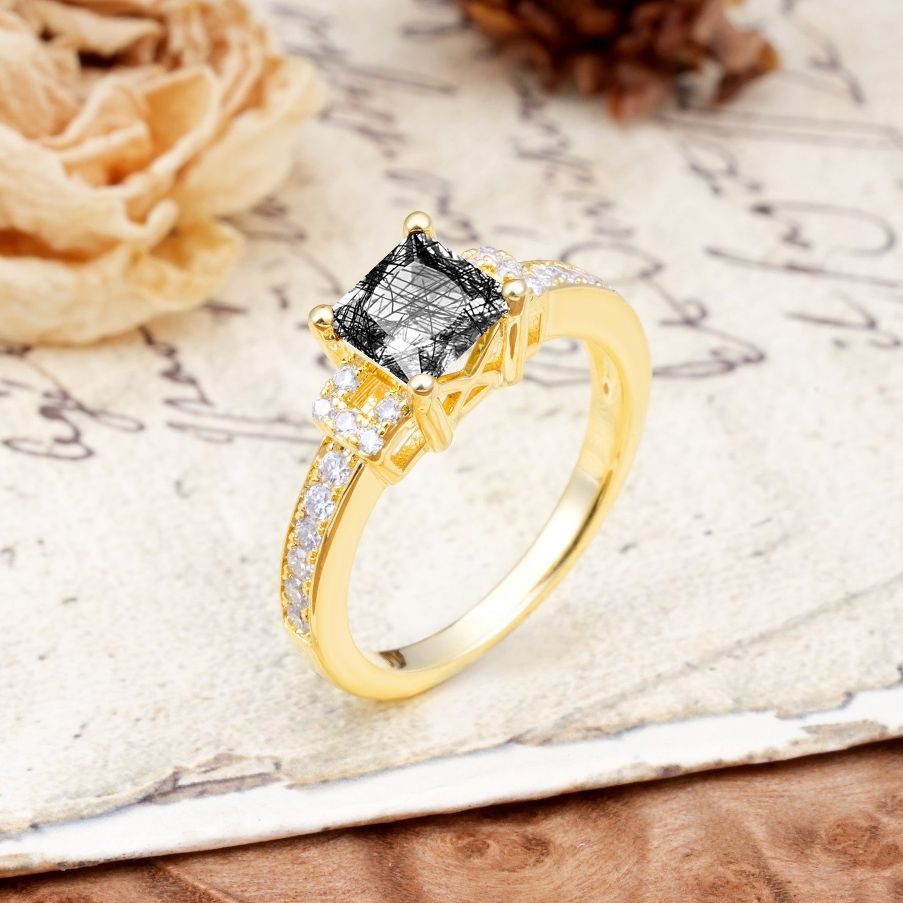 Classic Marquise Black Rutilated Quartz Alternating Stacking Wedding Band - Additional view
