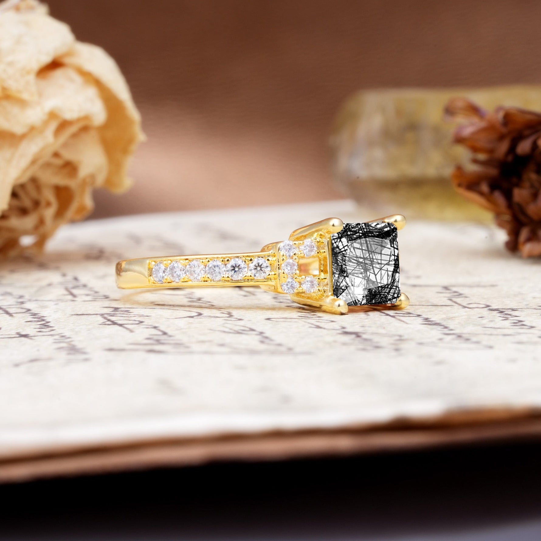 Classic Marquise Black Rutilated Quartz Alternating Stacking Wedding Band - Additional view