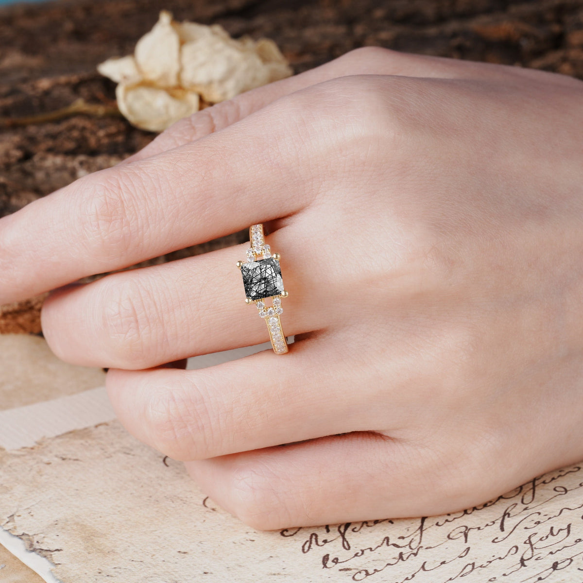 Classic Marquise Black Rutilated Quartz Alternating Stacking Wedding Band - Additional view