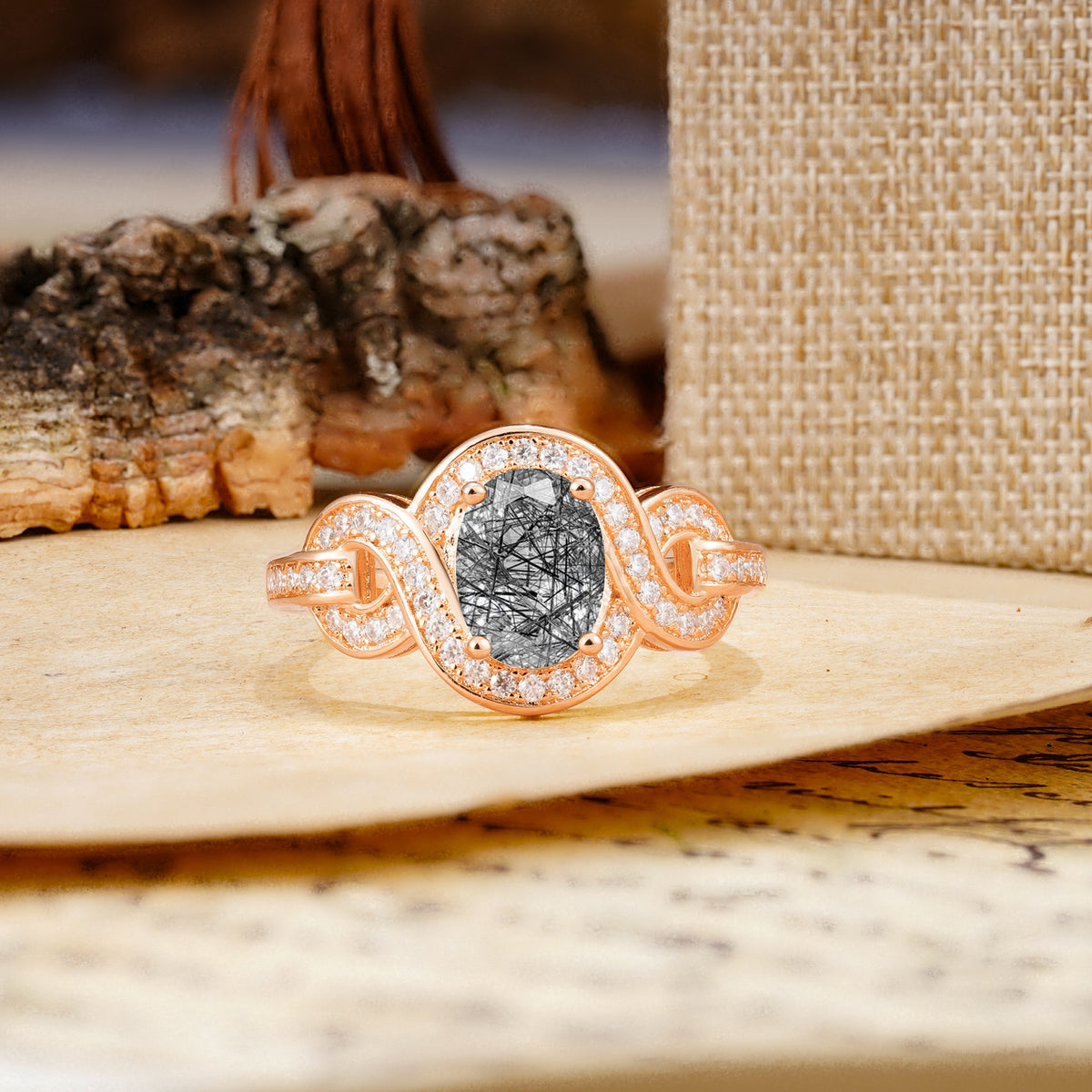 Luxurious Vintage-Style Twisted 4-Prong Oval Cut Black Rutilated Quartz Engagement Ring - Additional view