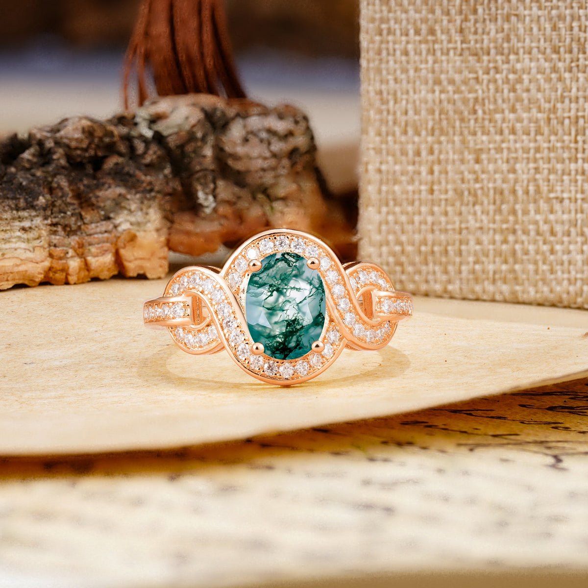 Luxurious Vintage-Style Twisted 4-Prong Oval Cut Moss Agate Engagement Ring - Additional view
