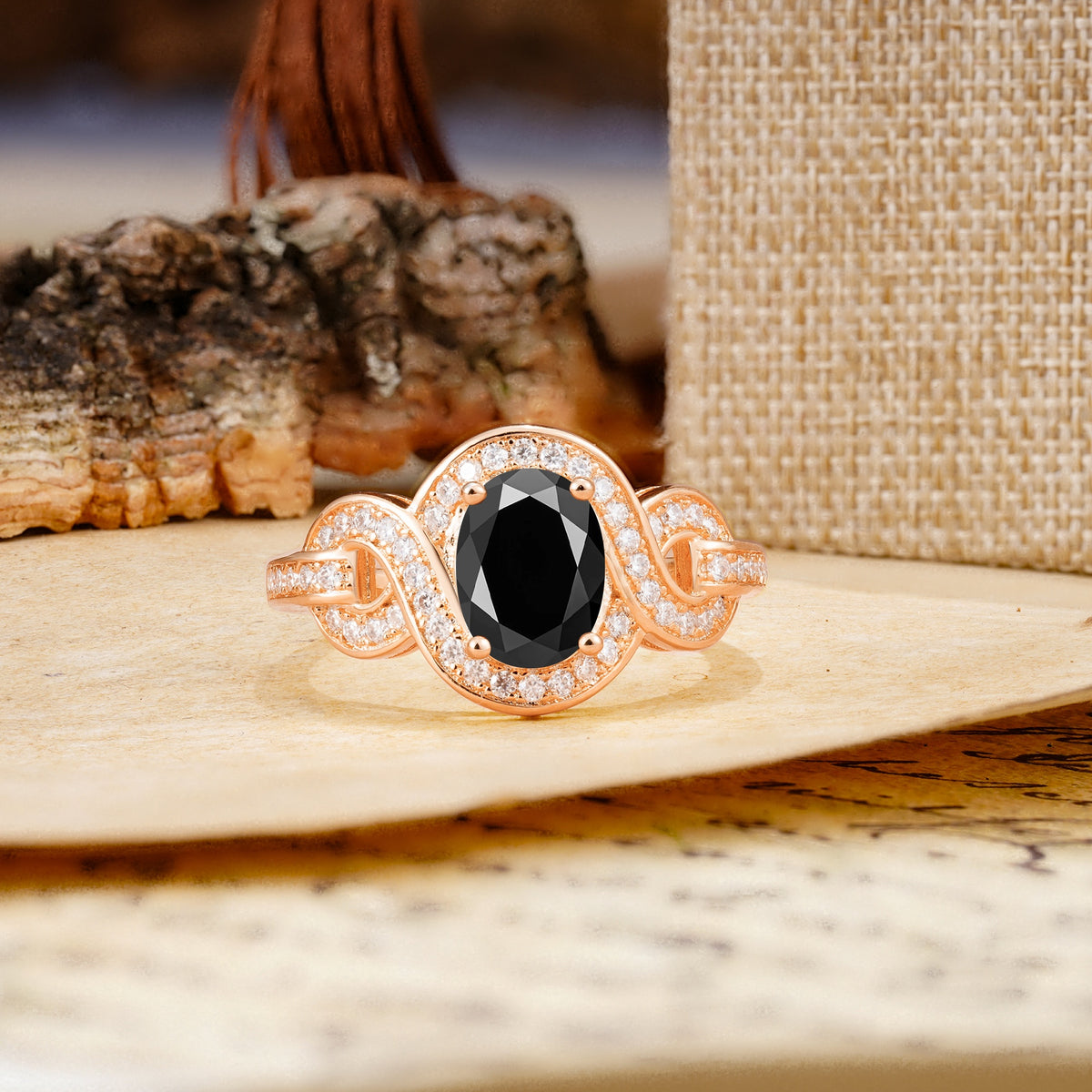 Luxurious Vintage-Style Twisted 4-Prong Oval Cut Black Onyx Engagement Ring - Additional view