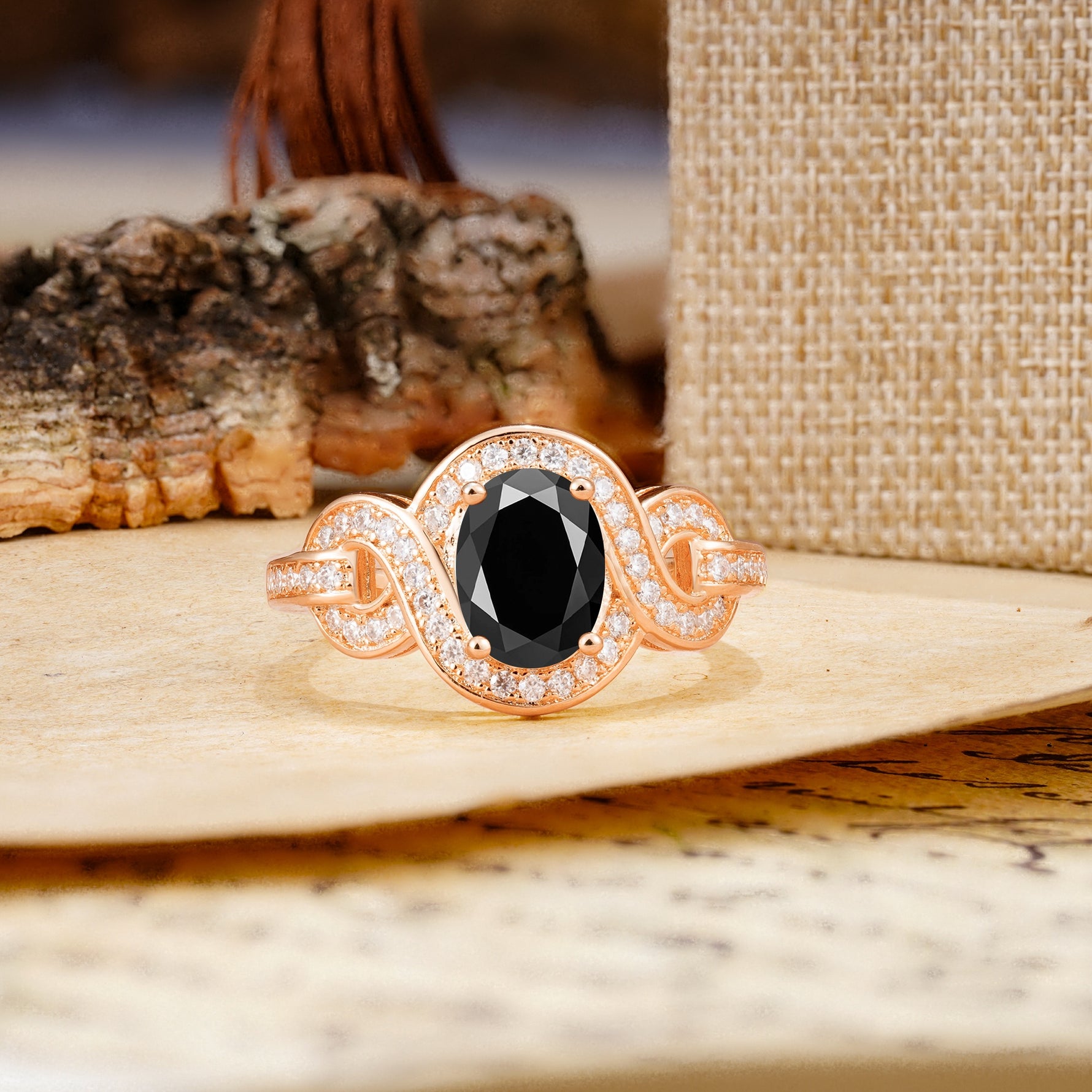 Luxurious Vintage-Style Twisted 4-Prong Oval Cut Black Onyx Engagement Ring - Additional view