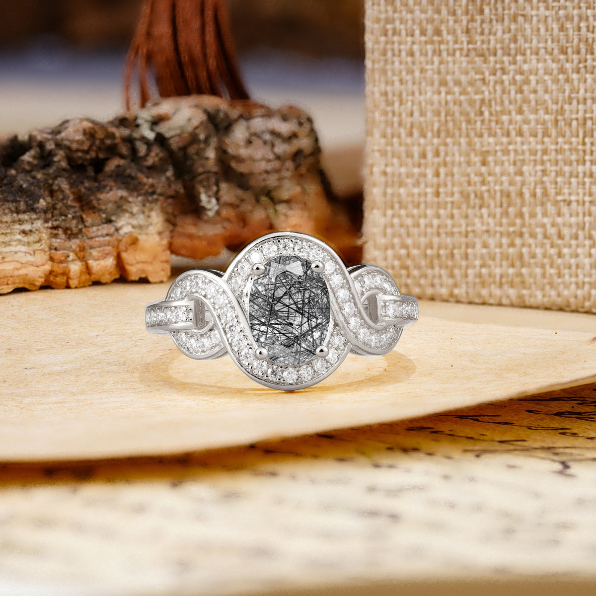 Luxurious Vintage-Style Twisted 4-Prong Oval Cut Black Rutilated Quartz Engagement Ring - Additional view