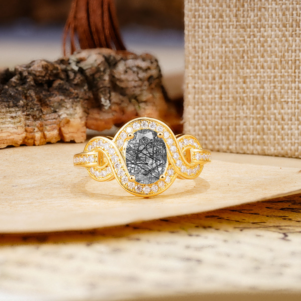 Luxurious Vintage-Style Twisted 4-Prong Oval Cut Black Rutilated Quartz Engagement Ring - Additional view