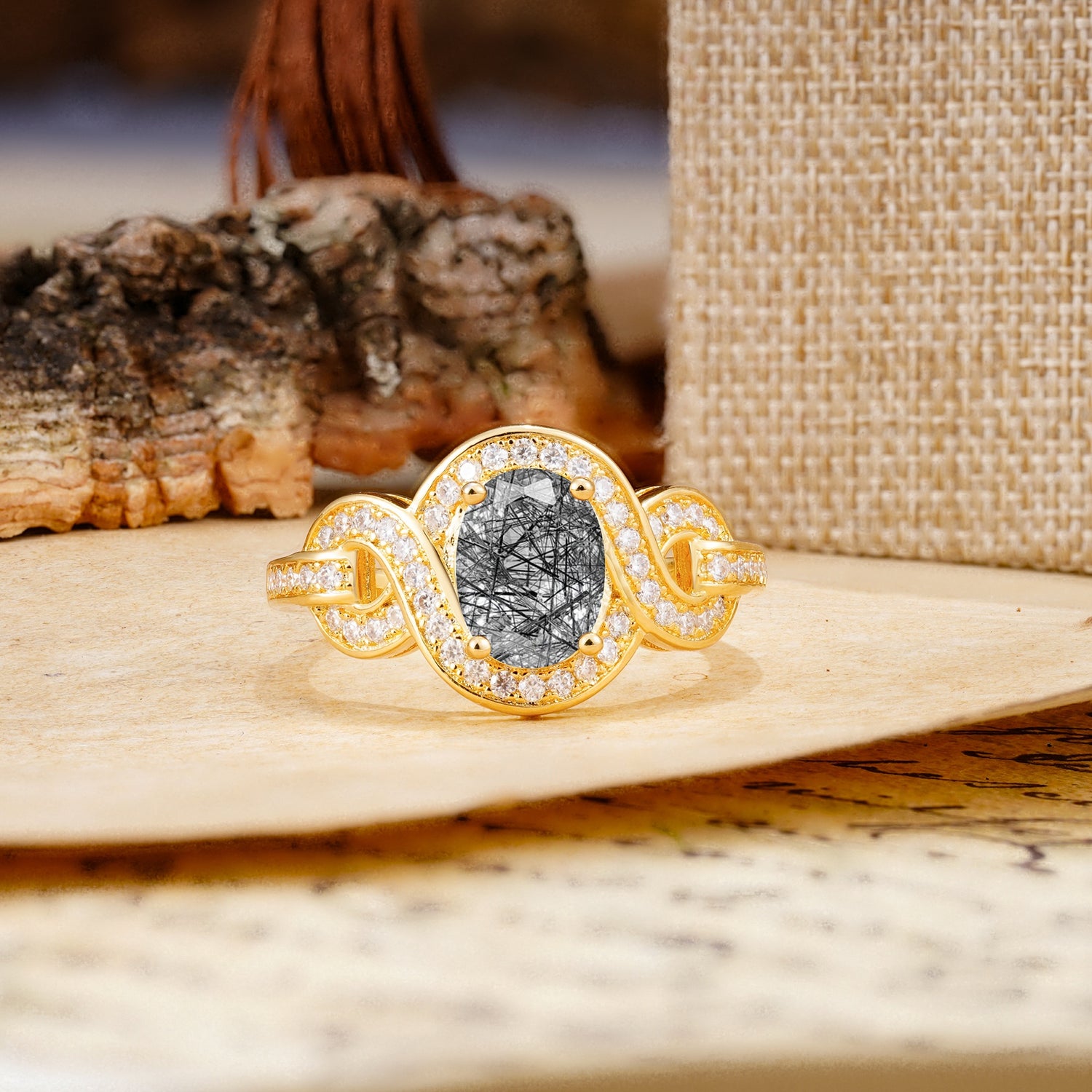 Luxurious Vintage-Style Twisted 4-Prong Oval Cut Black Rutilated Quartz Engagement Ring - Additional view