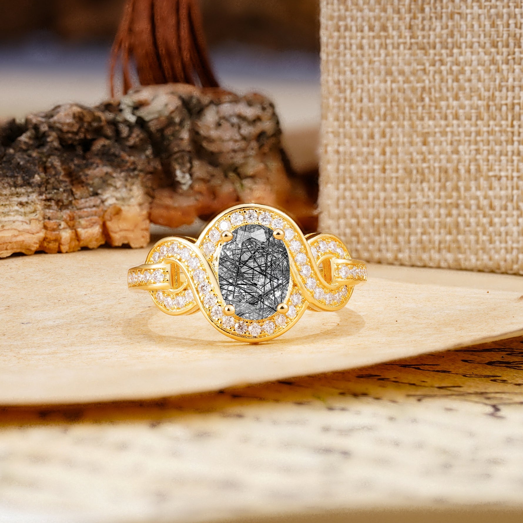Luxurious Vintage-Style Twisted 4-Prong Oval Cut Black Rutilated Quartz Engagement Ring - Additional view