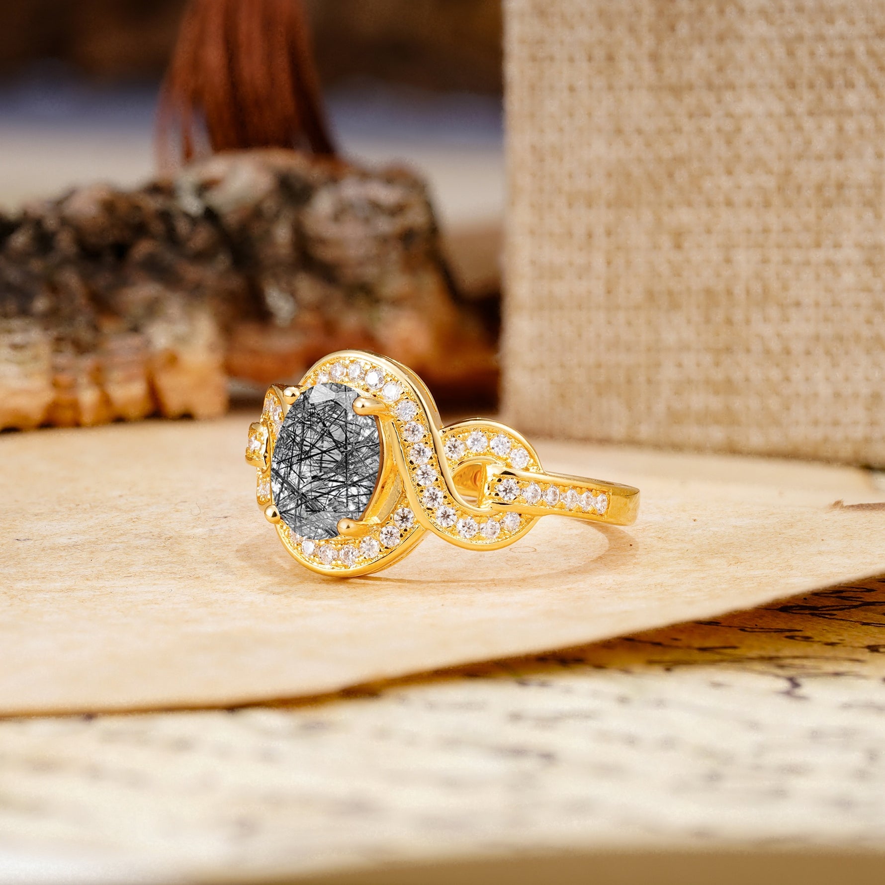 Luxurious Vintage-Style Twisted 4-Prong Oval Cut Black Rutilated Quartz Engagement Ring - Additional view