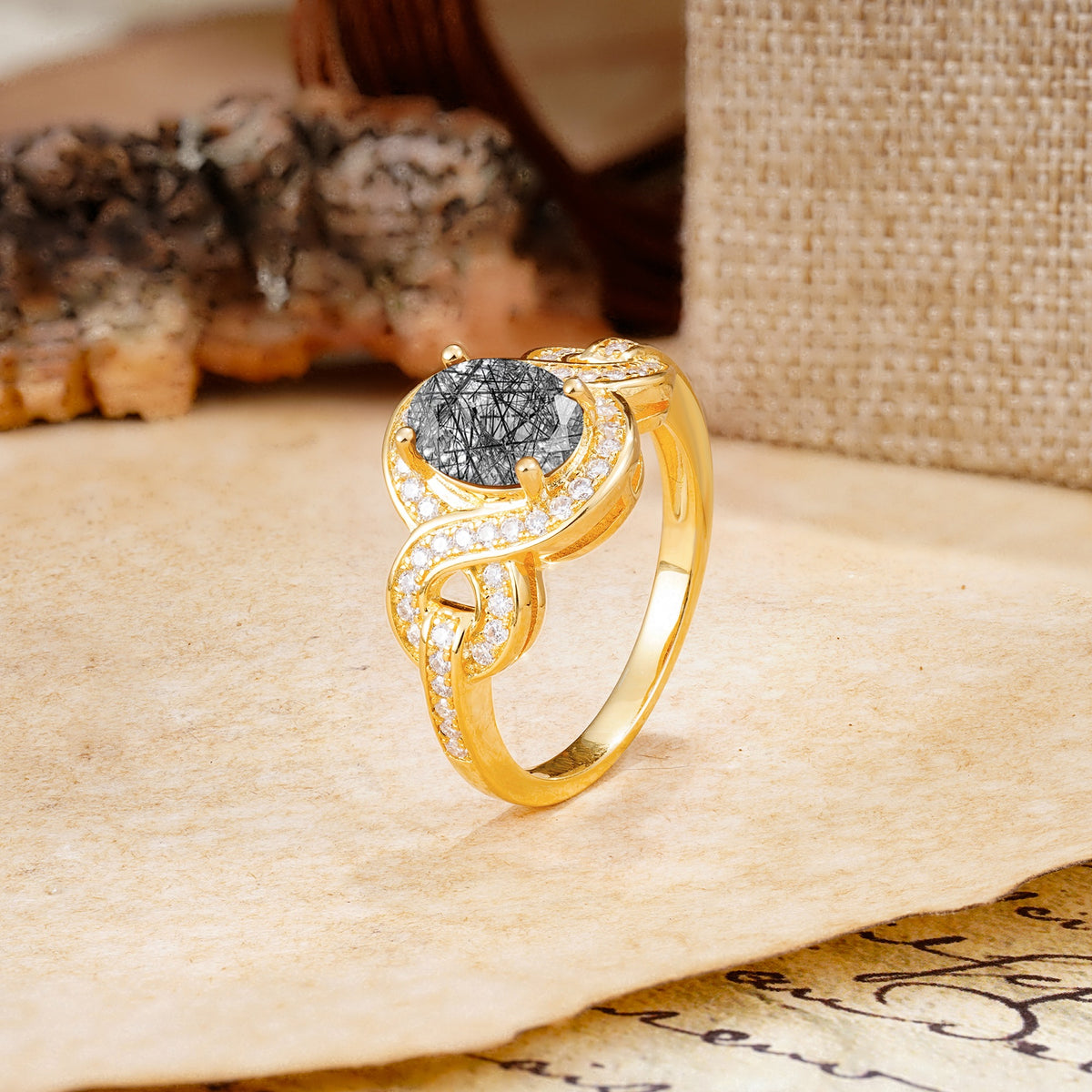 Luxurious Vintage-Style Twisted 4-Prong Oval Cut Black Rutilated Quartz Engagement Ring - Additional view
