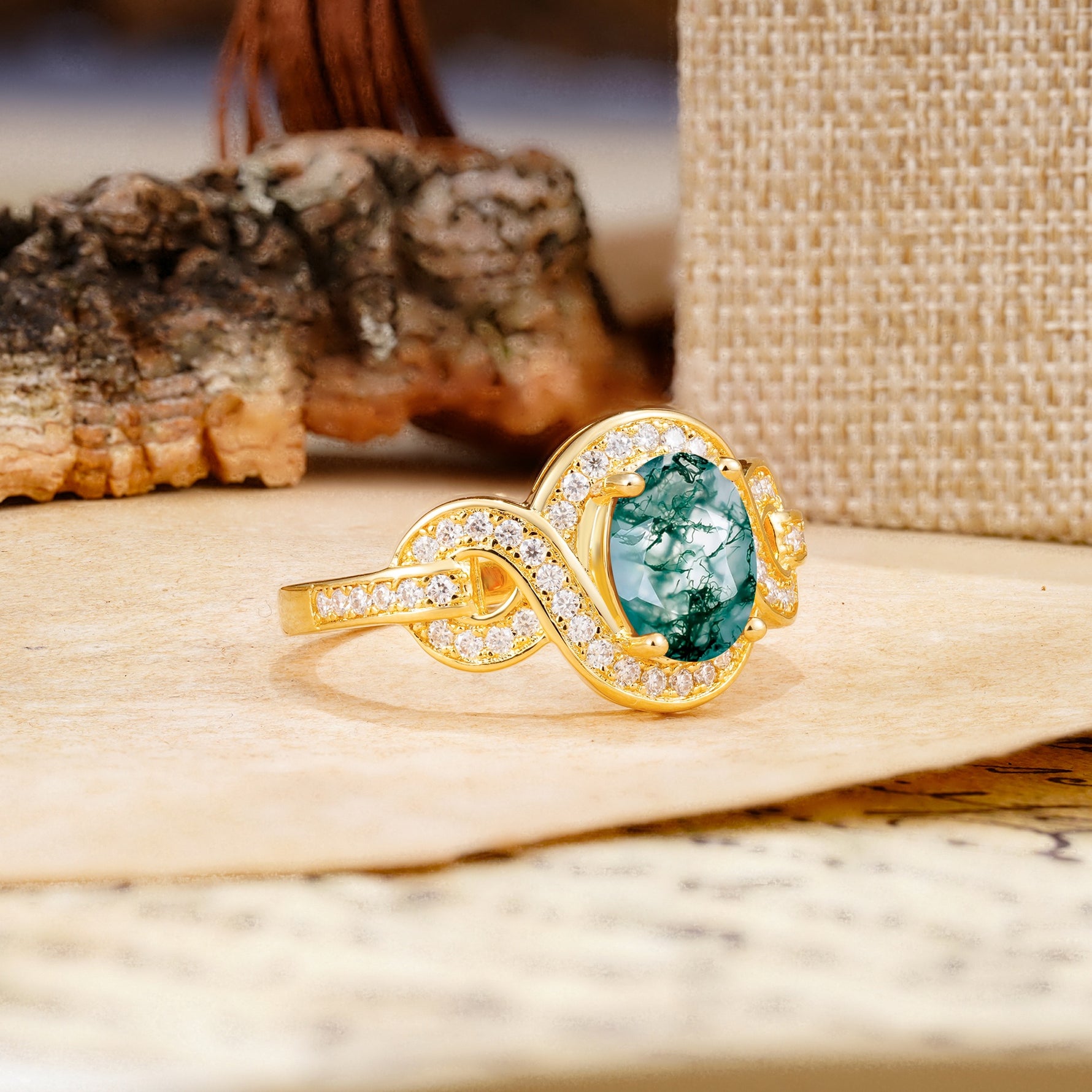Luxurious Vintage-Style Twisted 4-Prong Oval Cut Moss Agate Engagement Ring - Additional view