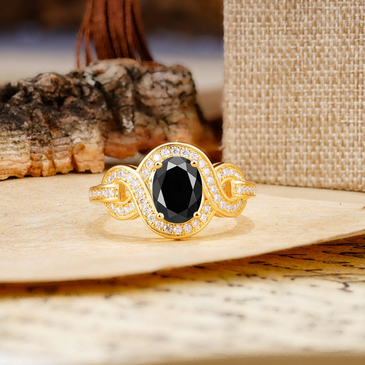 Luxurious Vintage-Style Twisted 4-Prong Oval Cut Black Onyx Engagement Ring - Additional view