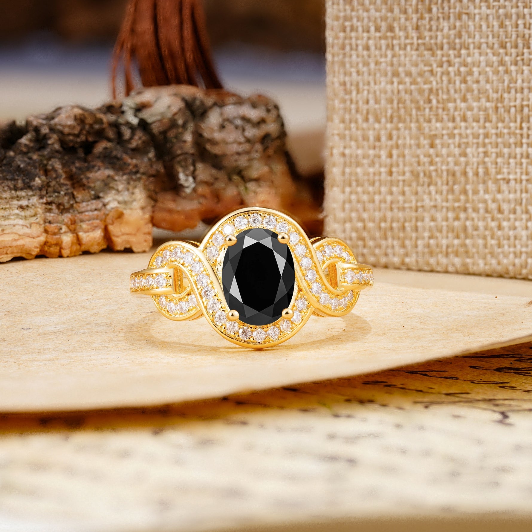 Luxurious Vintage-Style Twisted 4-Prong Oval Cut Black Onyx Engagement Ring - Additional view