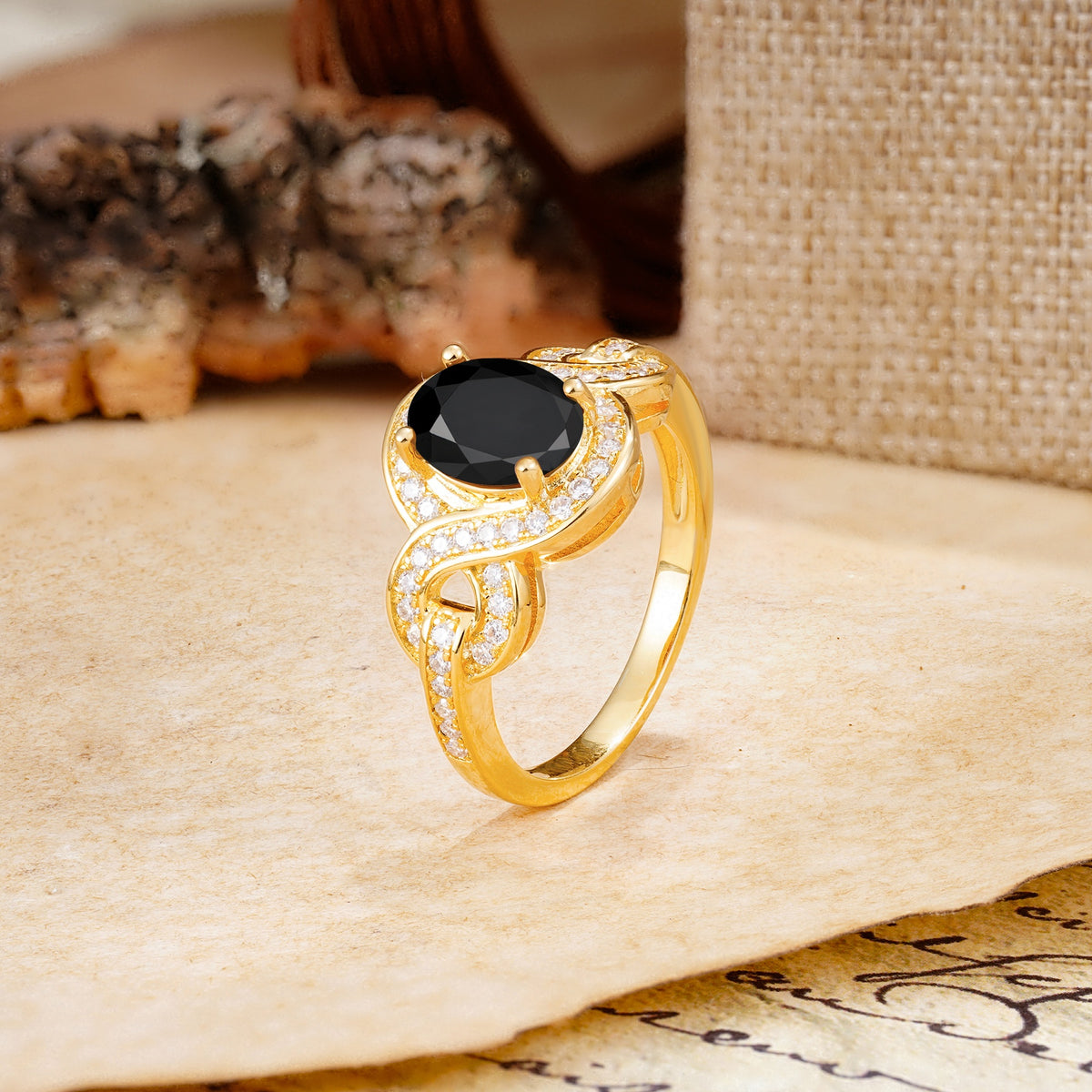 Luxurious Vintage-Style Twisted 4-Prong Oval Cut Black Onyx Engagement Ring - Additional view