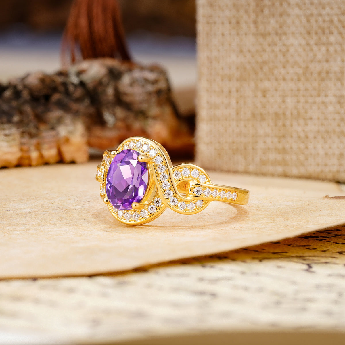 Luxurious Vintage-Style Twisted 4-Prong Oval Cut Amethyst Engagement Ring - Additional view