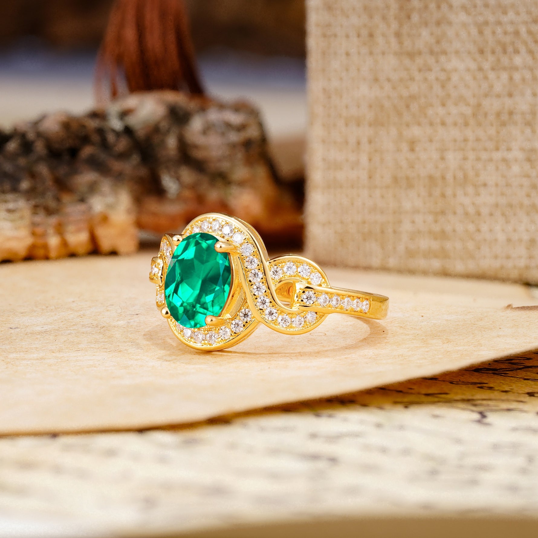 Luxurious Vintage-Style Twisted 4-Prong Oval Cut Emerald Engagement Ring - Additional view