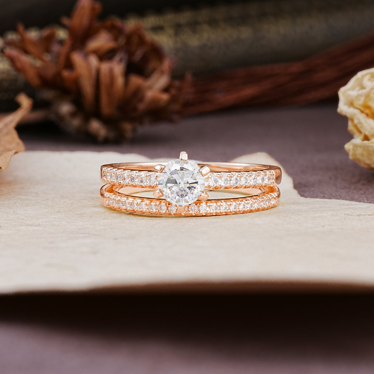 Simple 6 Prong Round Cut Moissanite Wedding Bride Ring Set - Additional view
