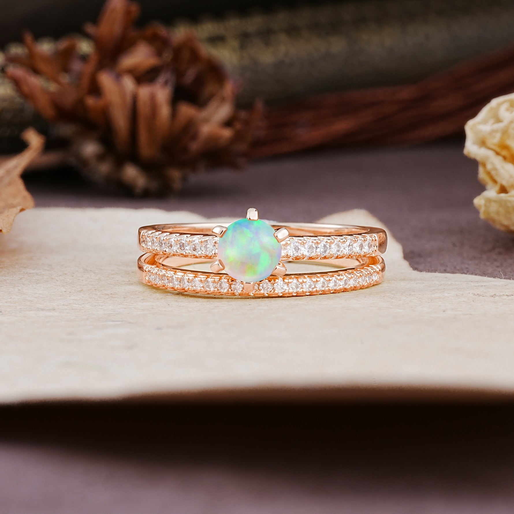 Simple 6 Prong Round Cut Fire Opal Wedding Bride Ring Set - Additional view