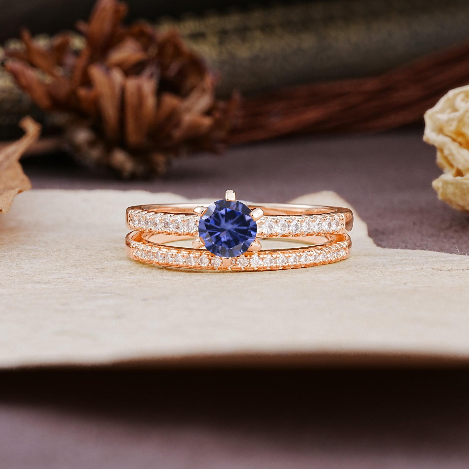 Simple 6 Prong Round Cut Tanzanite Wedding Bride Ring Set - Additional view