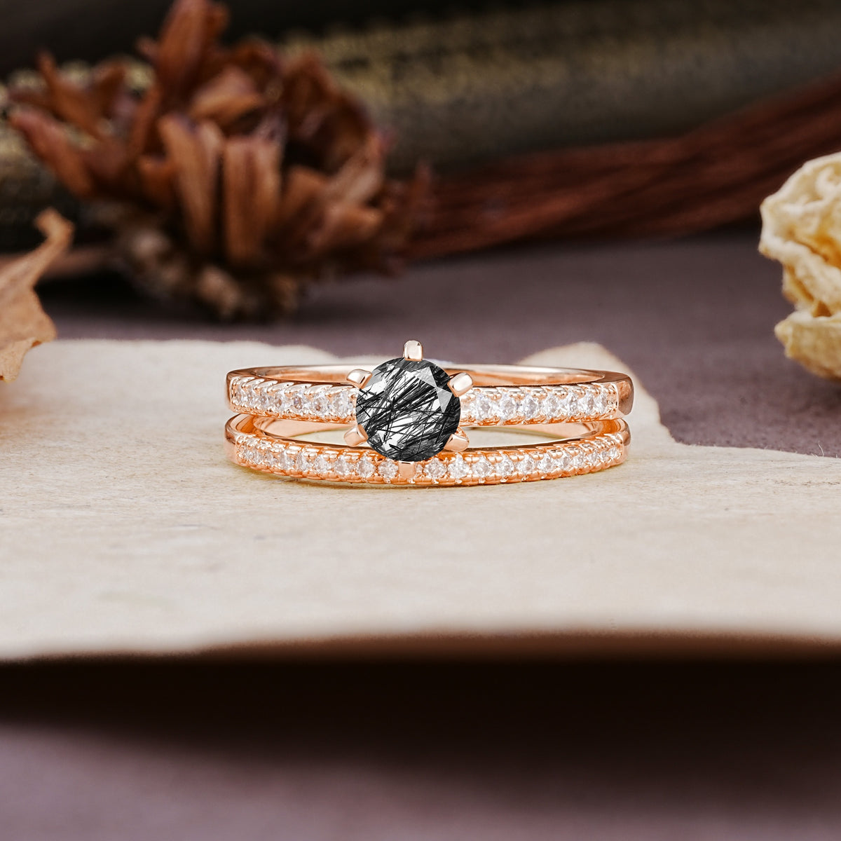 Simple 6 Prong Round Cut Black Rutilated Quartz Wedding Bride Ring Set - Additional view