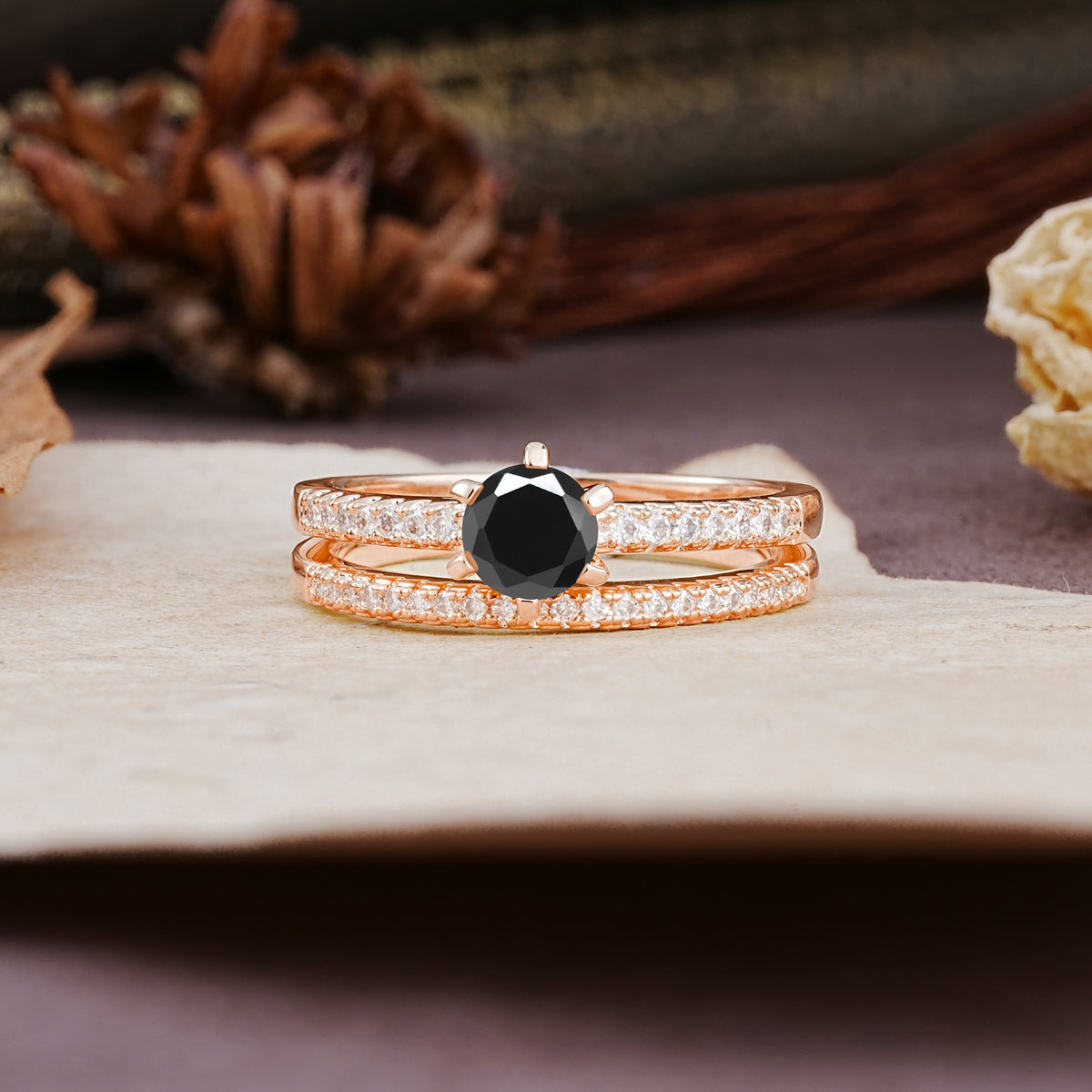 Simple 6 Prong Round Cut Black Onyx Wedding Bride Ring Set - Additional view