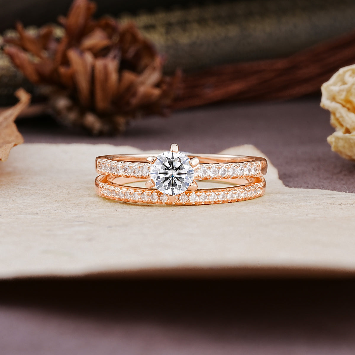 Simple 6 Prong Round Cut Lab Diamond Wedding Bride Ring Set - Additional view