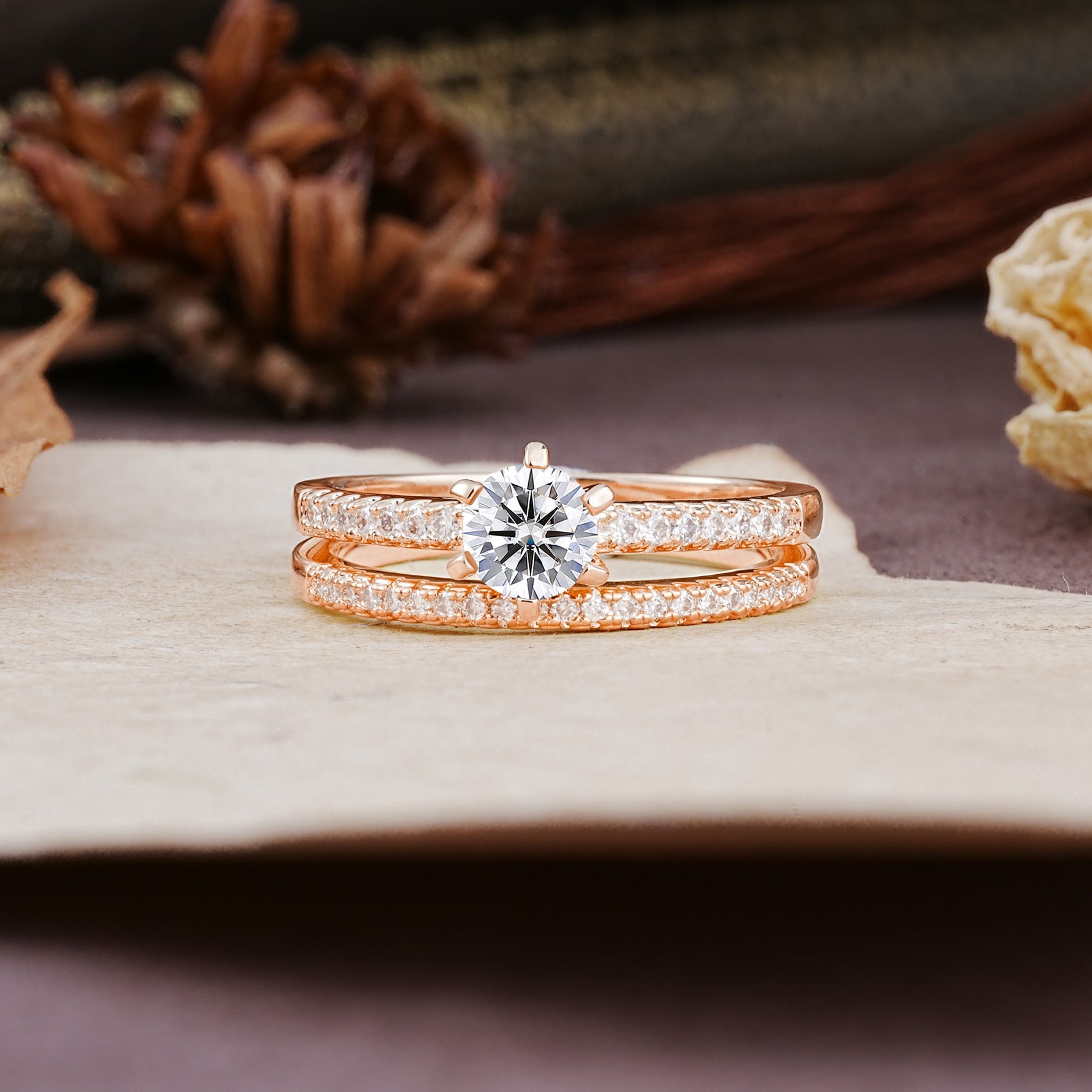 Simple 6 Prong Round Cut Lab Diamond Wedding Bride Ring Set - Additional view