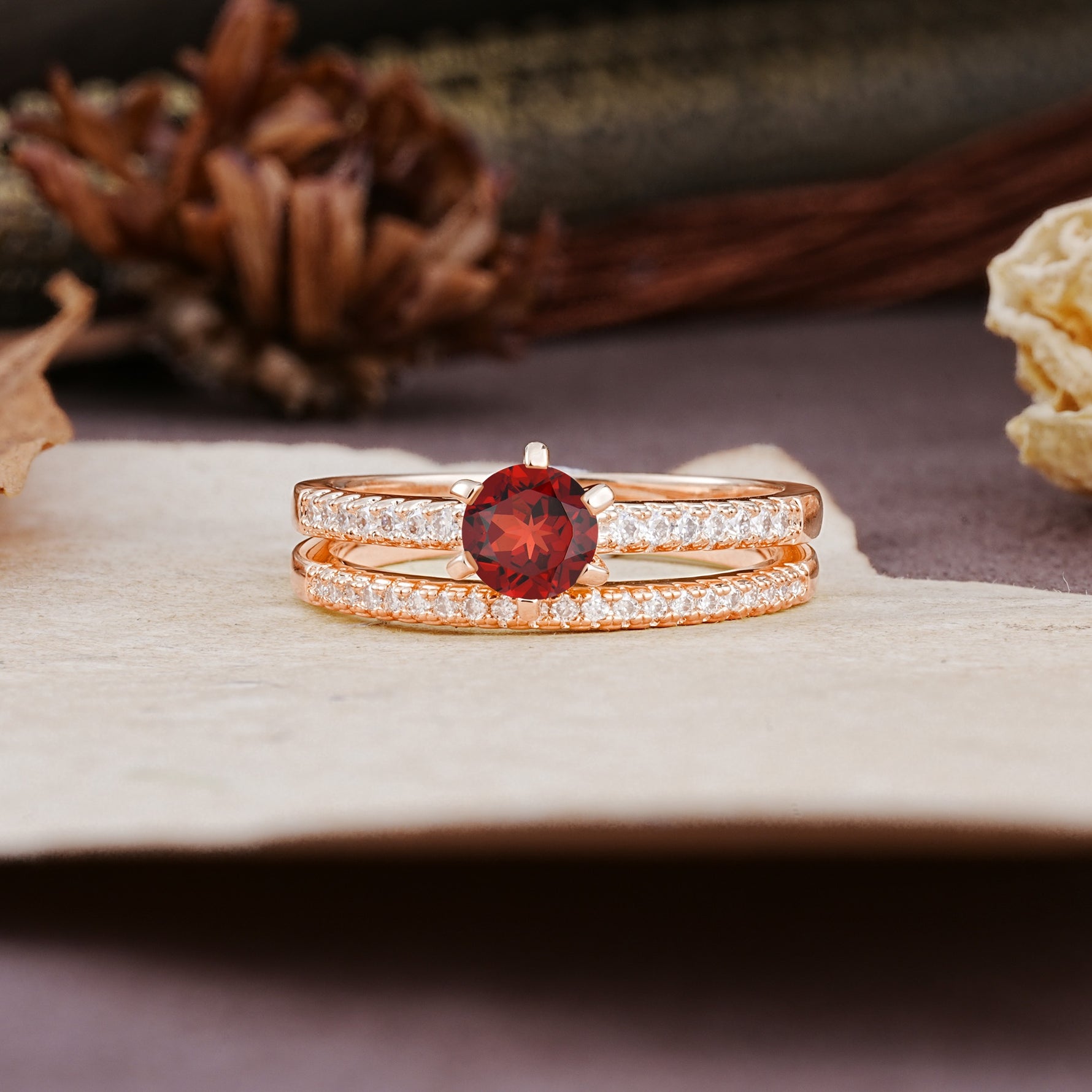 Simple 6 Prong Round Cut Garnet Wedding Bride Ring Set - Additional view
