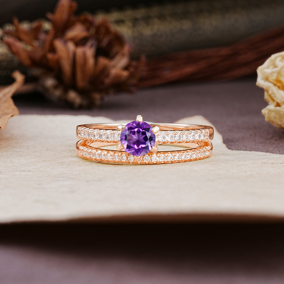 Simple 6 Prong Round Cut Amethyst Wedding Bride Ring Set - Additional view