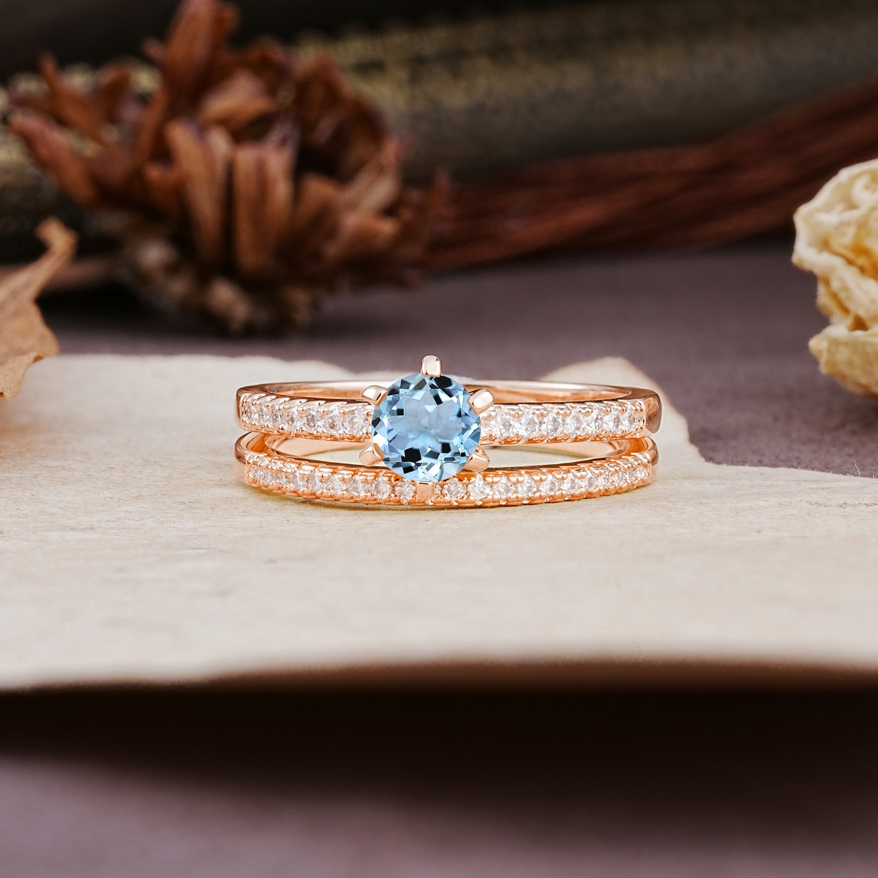 Simple 6 Prong Round Cut Aquamarine Wedding Bride Ring Set - Additional view
