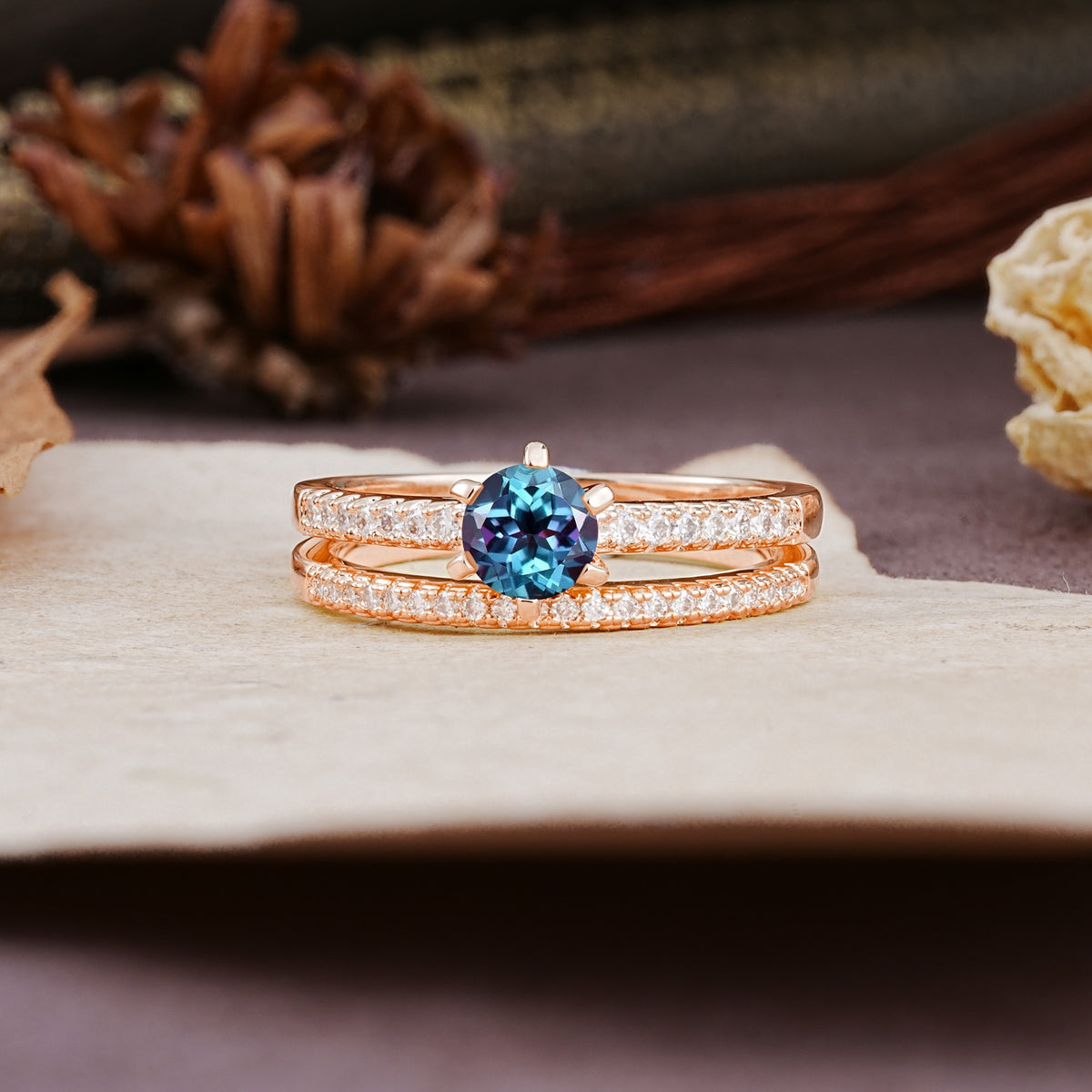 Simple 6 Prong Round Cut Alexandrite Wedding Bride Ring Set - Additional view