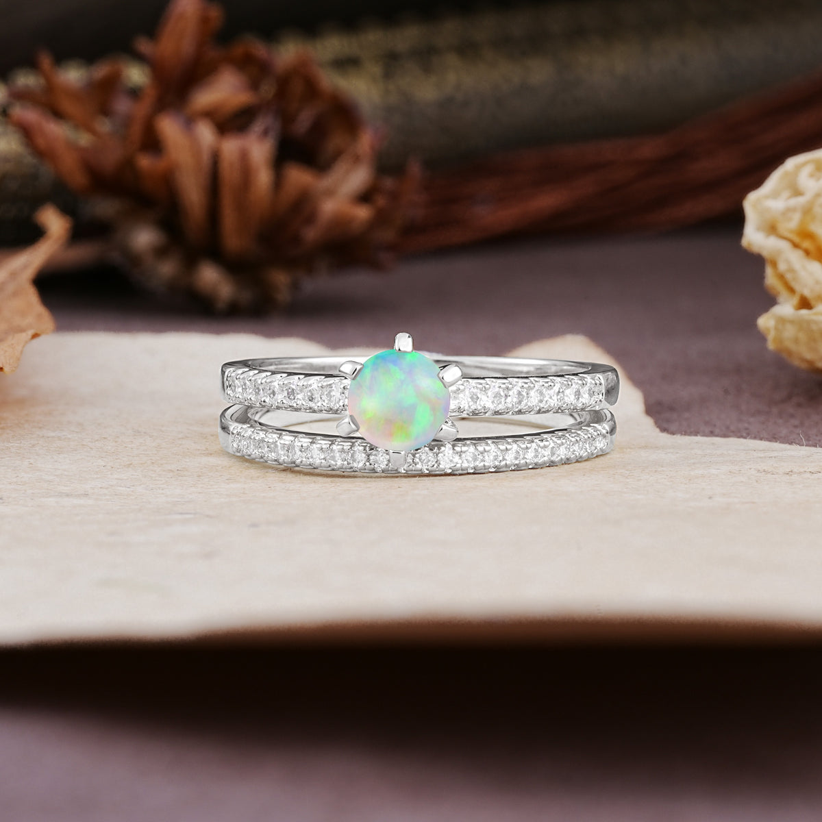 Simple 6 Prong Round Cut Fire Opal Wedding Bride Ring Set - Additional view