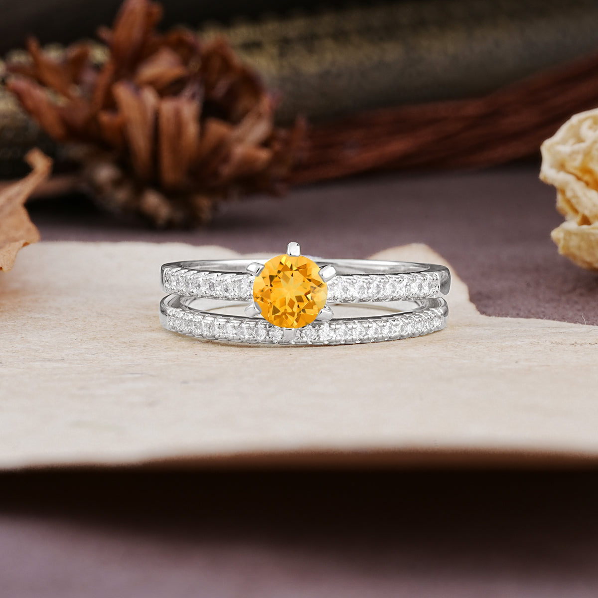 Simple 6 Prong Round Cut Citrine Wedding Bride Ring Set - Additional view