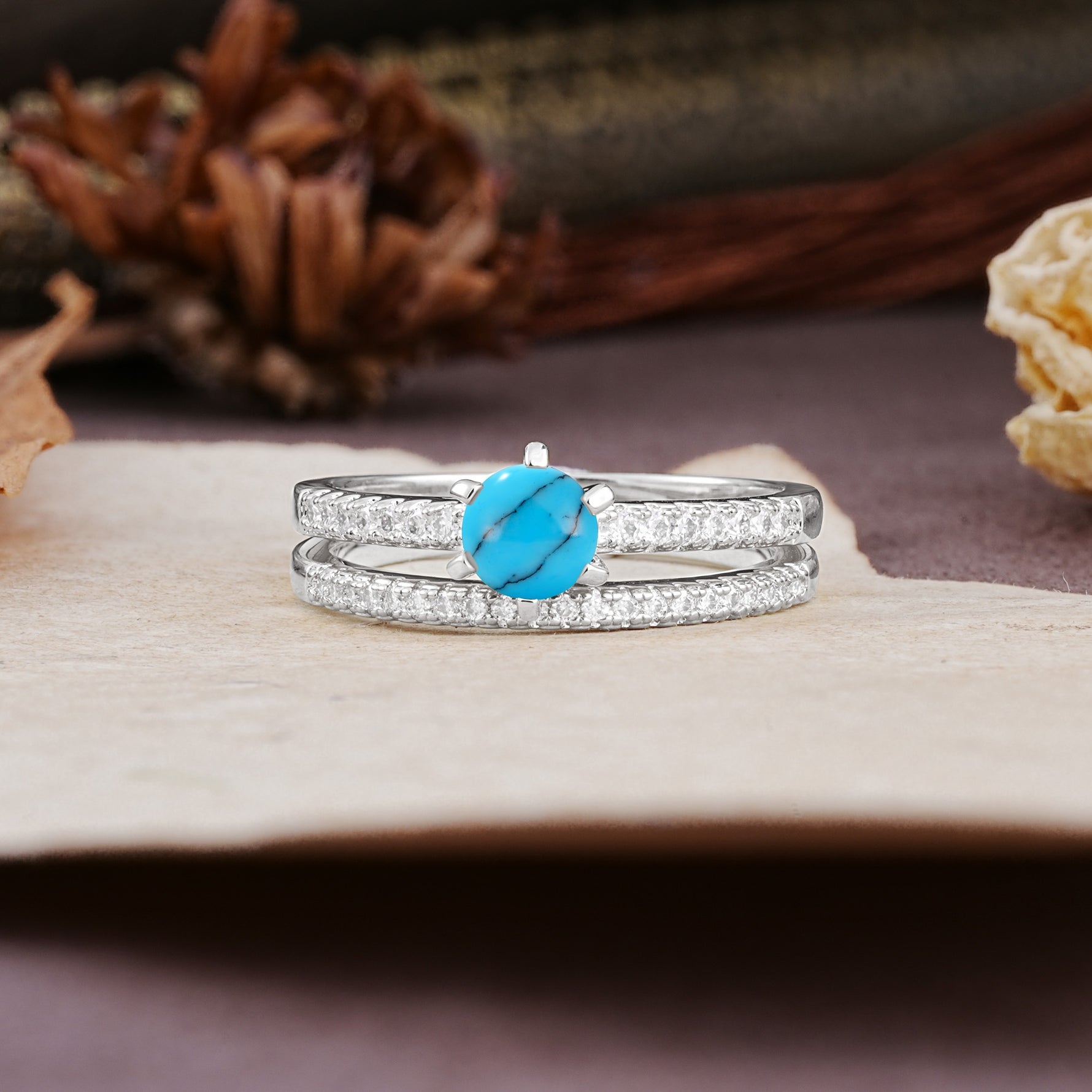 Simple 6 Prong Round Cut Turquoise Wedding Bride Ring Set - Additional view