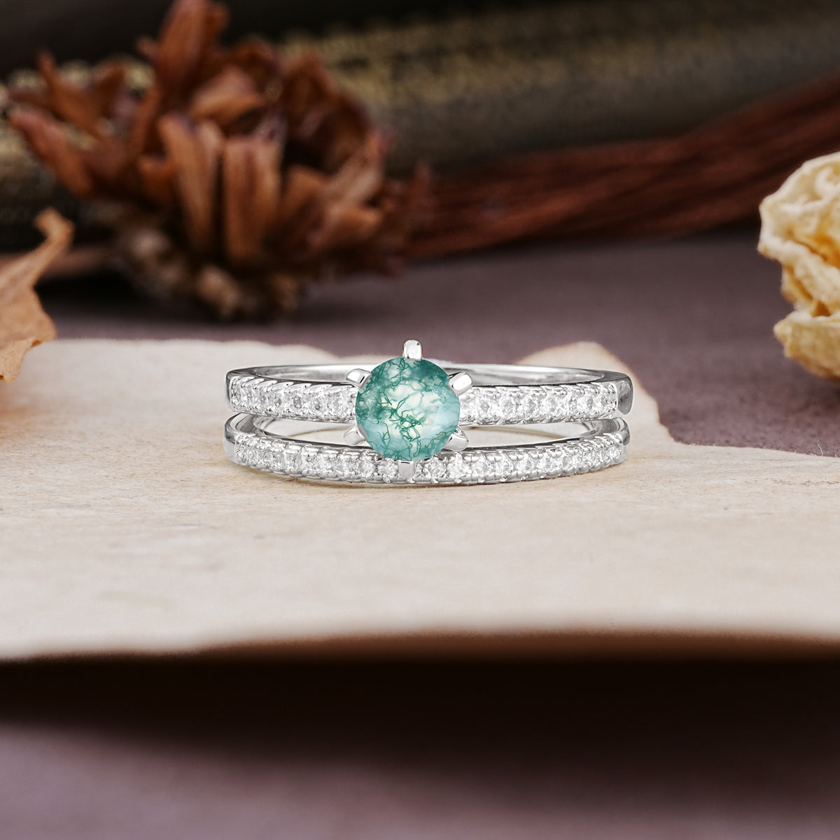 Simple 6 Prong Round Cut Moss Agate Wedding Bride Ring Set - Additional view