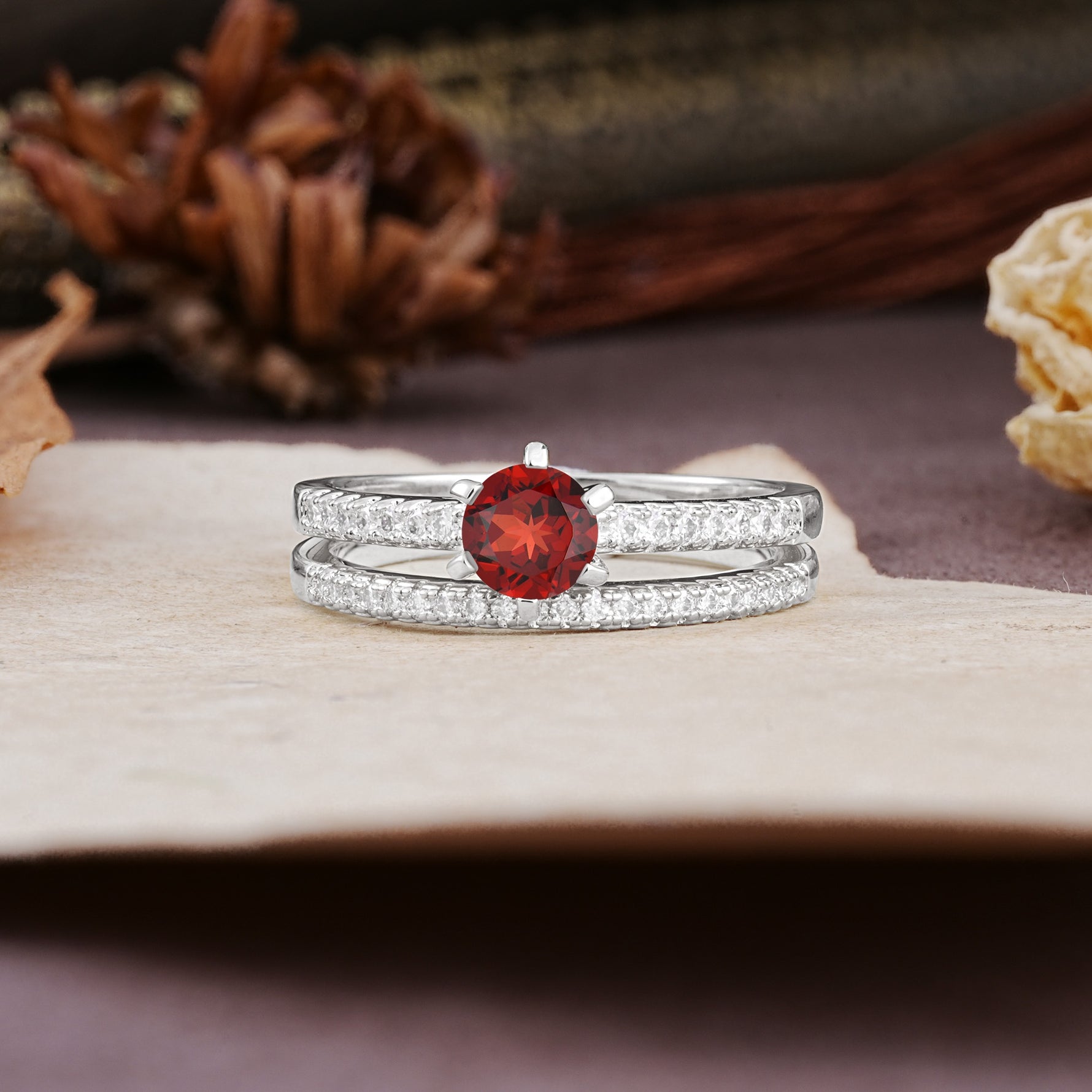 Simple 6 Prong Round Cut Garnet Wedding Bride Ring Set - Additional view