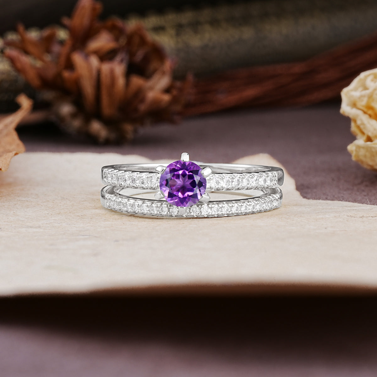 Simple 6 Prong Round Cut Amethyst Wedding Bride Ring Set - Additional view