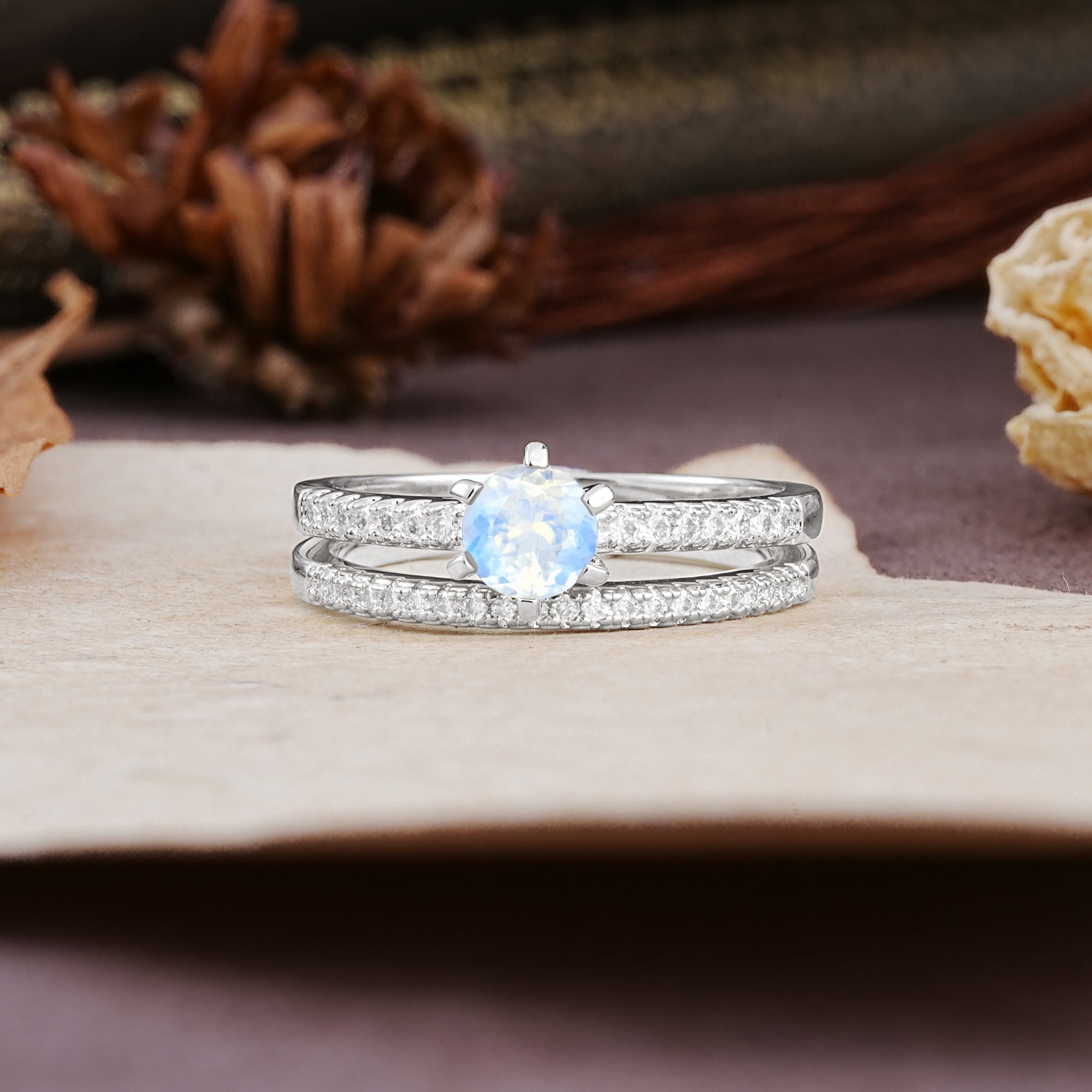 Simple 6 Prong Round Cut Moonstone Wedding Bride Ring Set - Additional view