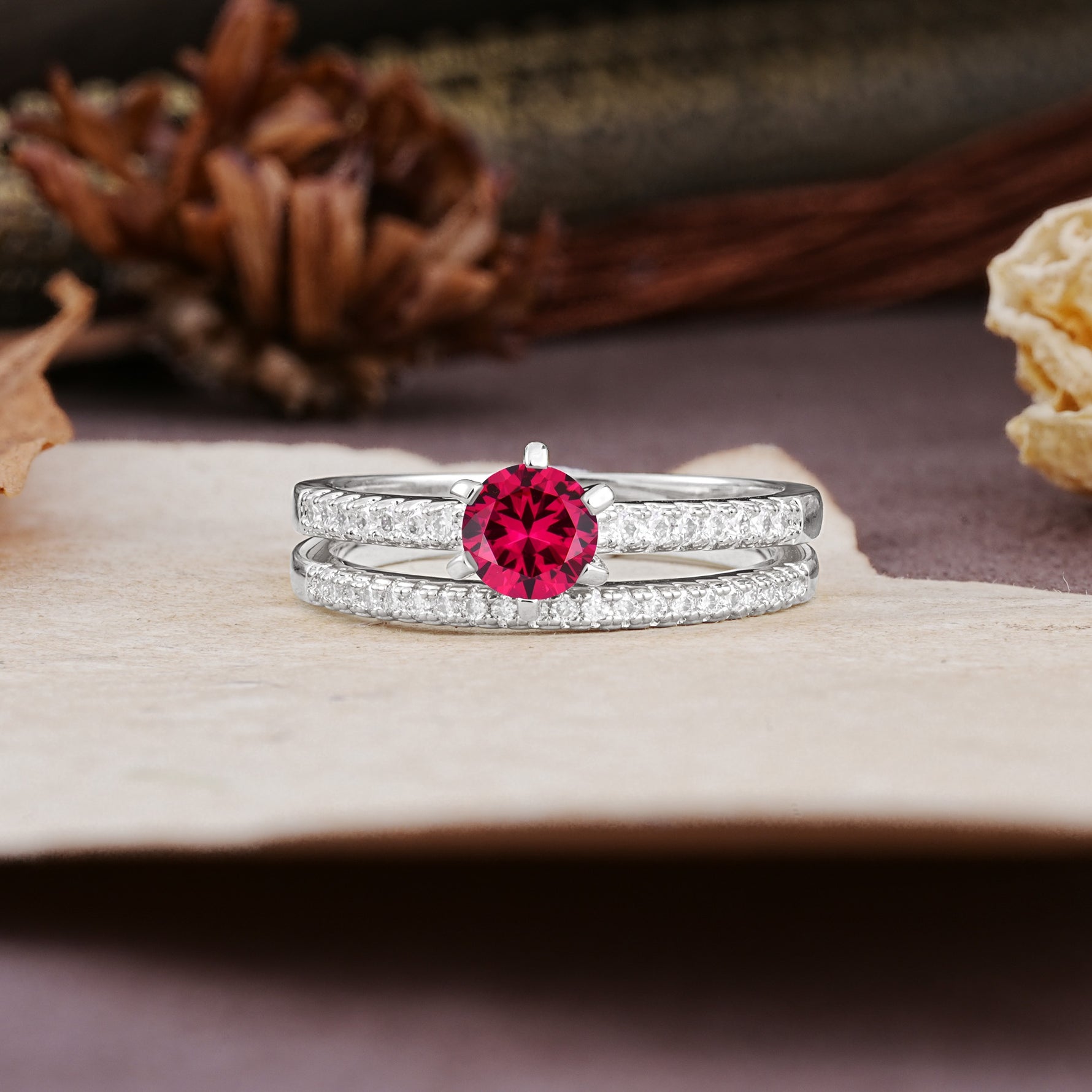 Simple 6 Prong Round Cut Ruby Wedding Bride Ring Set - Additional view