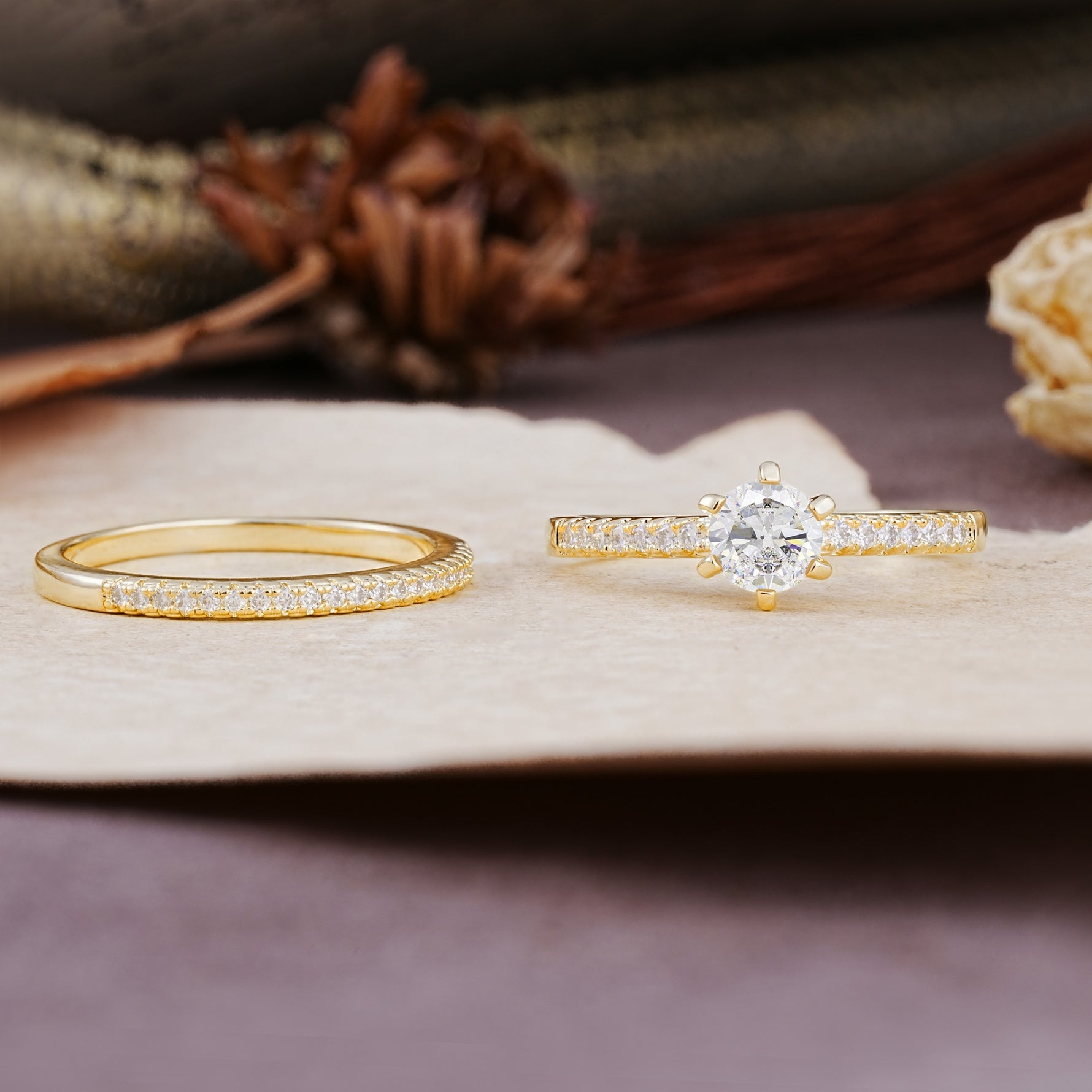 Simple 6 Prong Round Cut Moissanite Wedding Bride Ring Set - Additional view