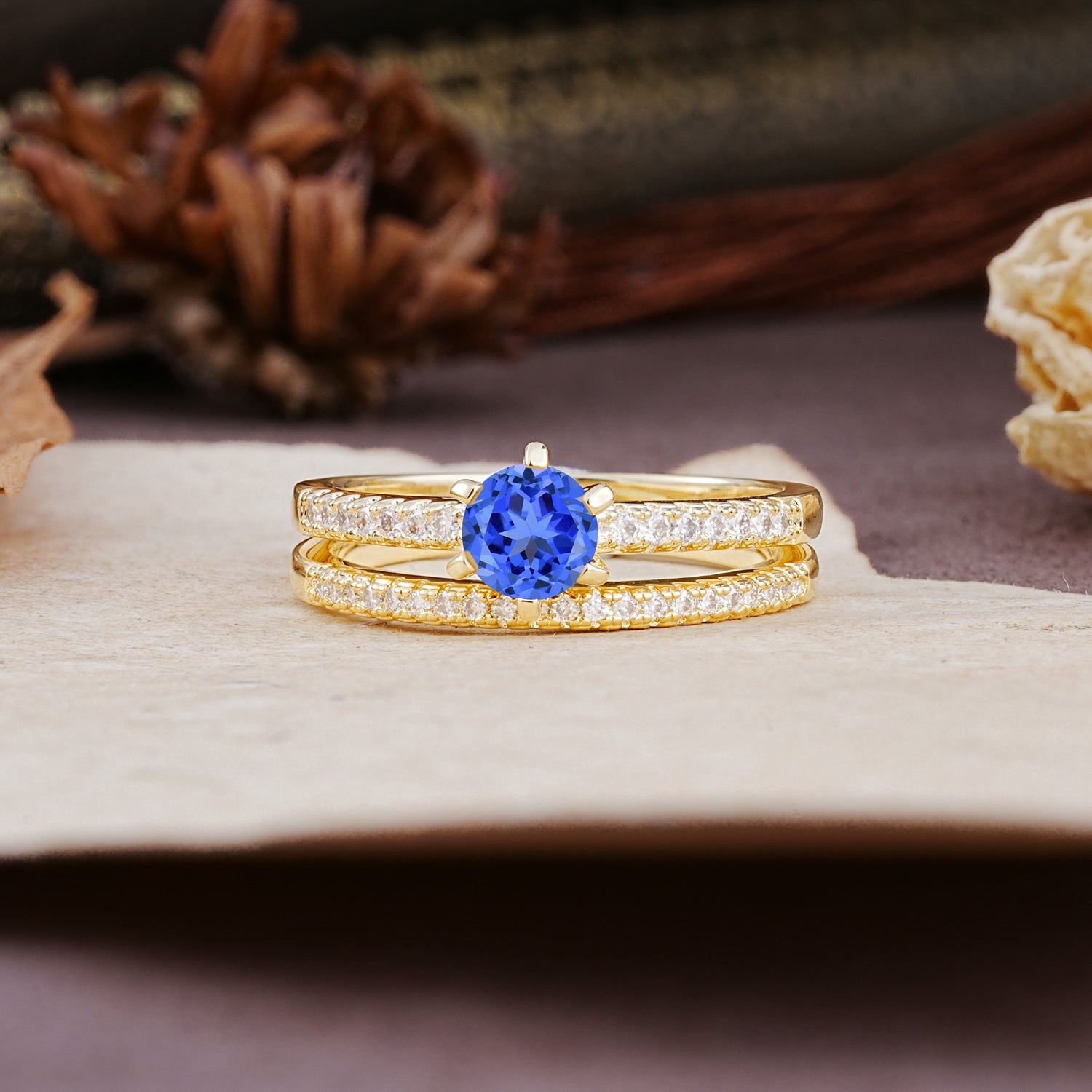 Simple 6 Prong Round Cut Sapphire Wedding Bride Ring Set - Additional view