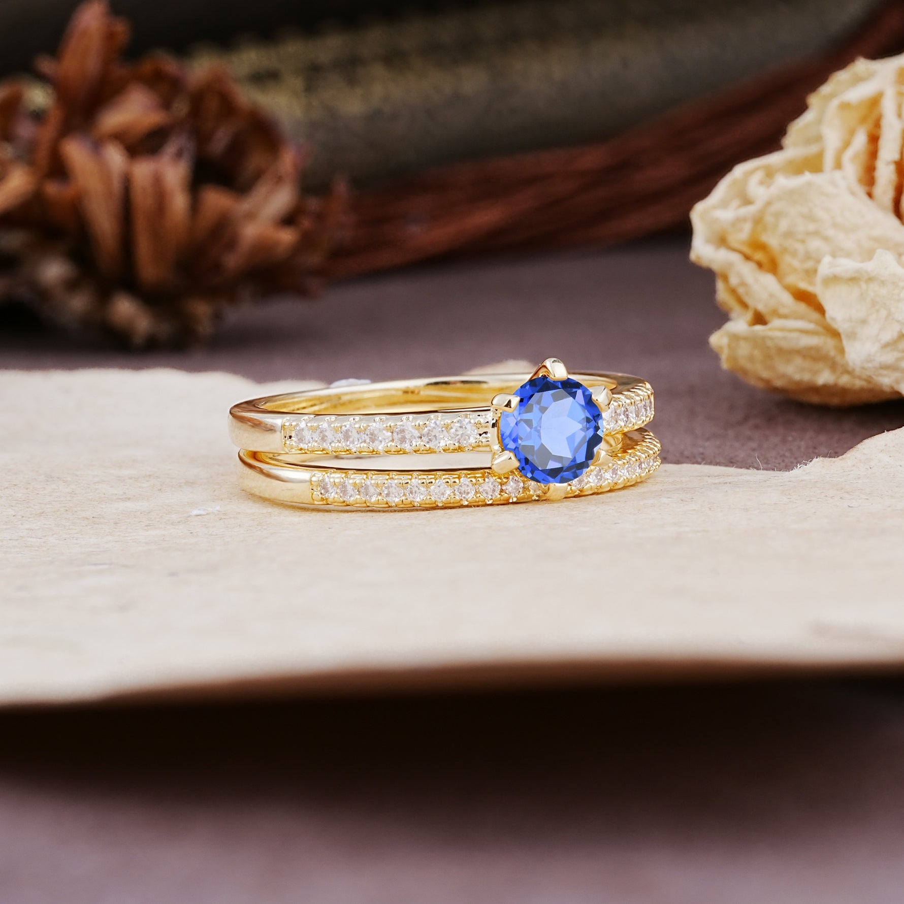 Simple 6 Prong Round Cut Sapphire Wedding Bride Ring Set - Additional view