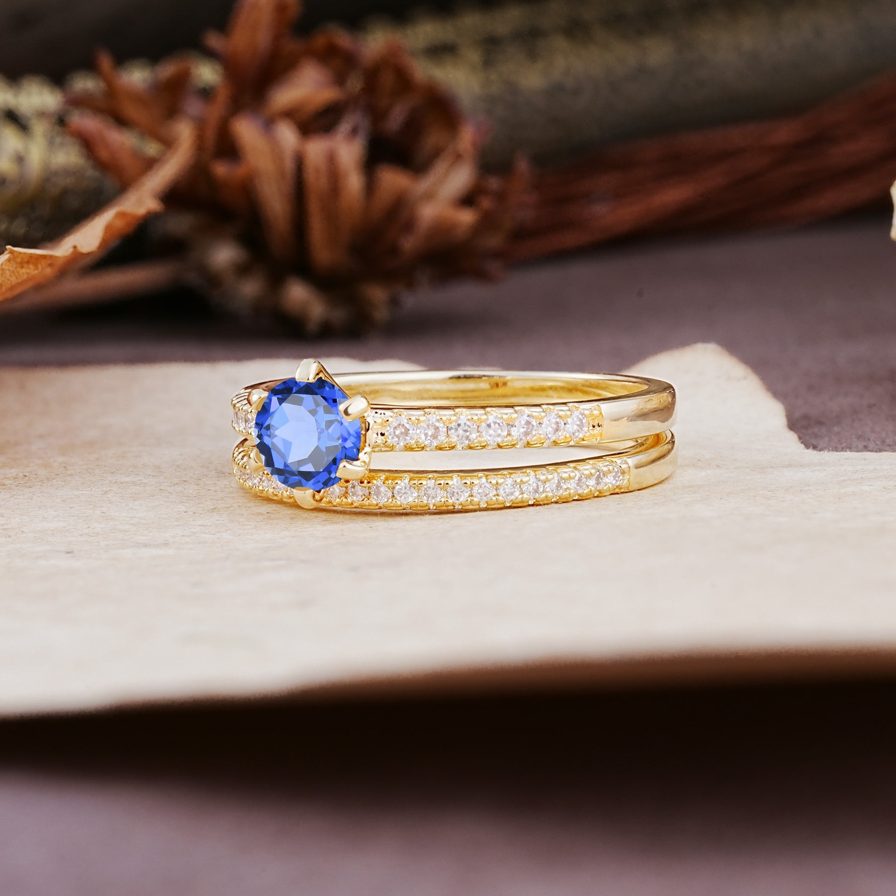 Simple 6 Prong Round Cut Sapphire Wedding Bride Ring Set - Additional view