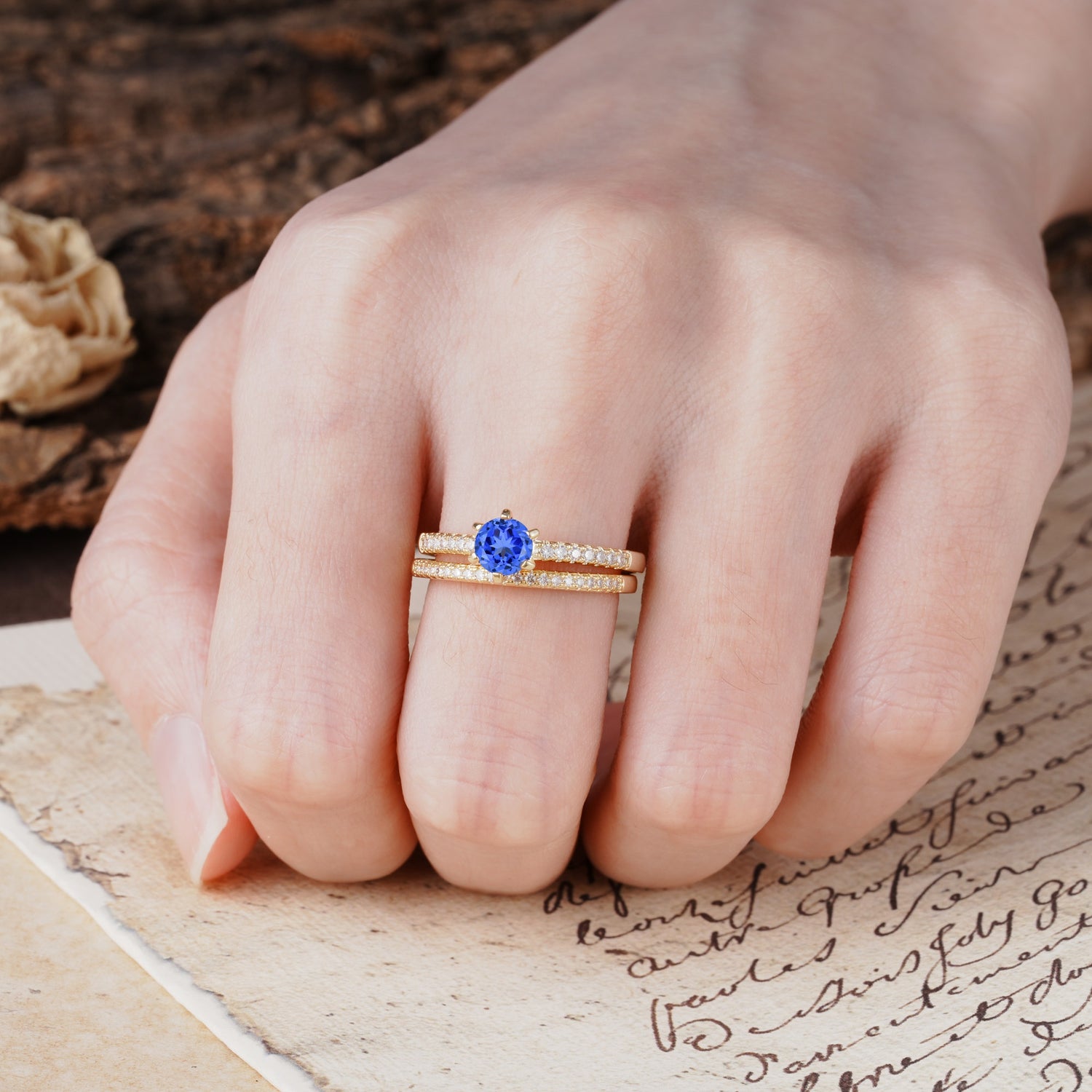 Simple 6 Prong Round Cut Sapphire Wedding Bride Ring Set - Additional view