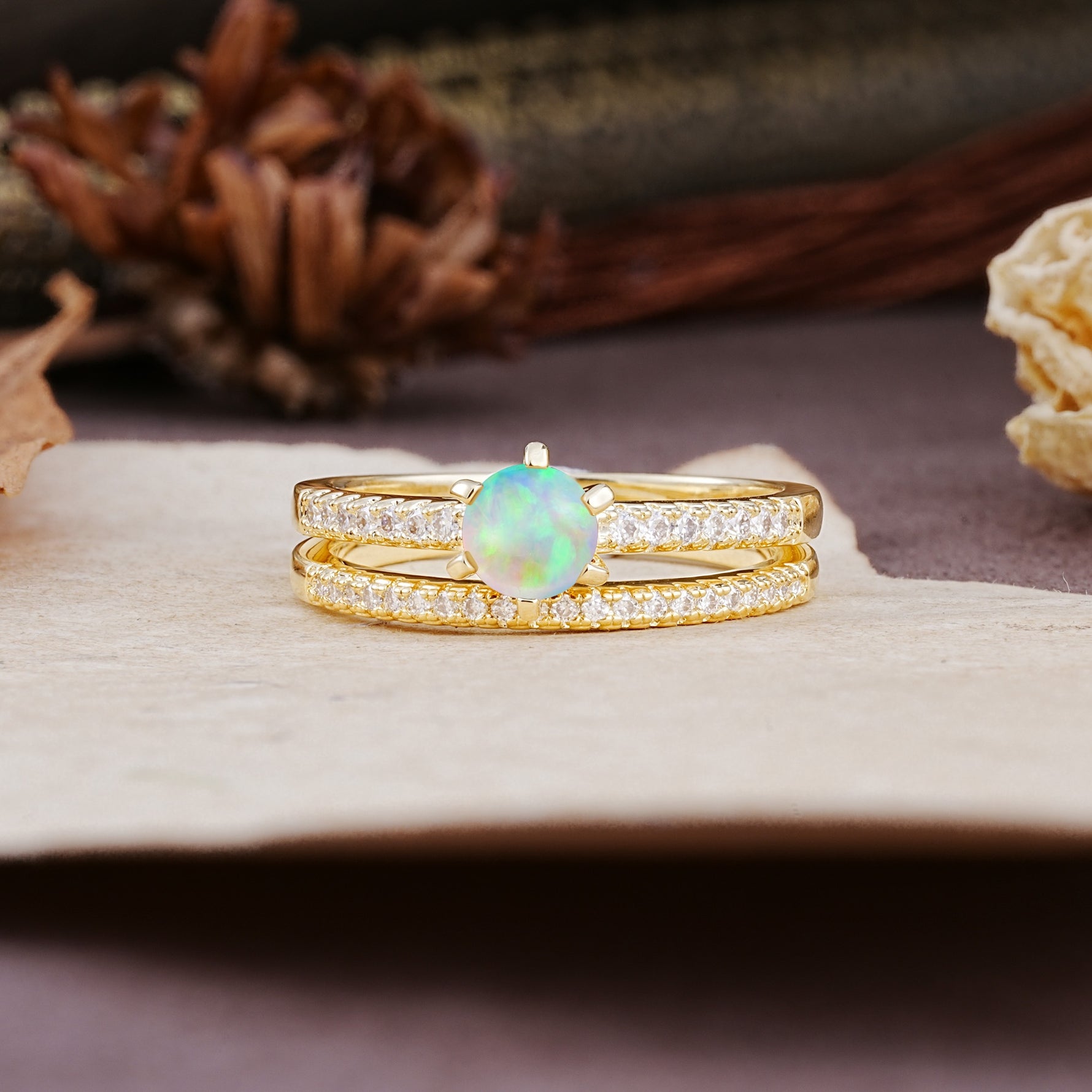 Simple 6 Prong Round Cut Fire Opal Wedding Bride Ring Set - Additional view